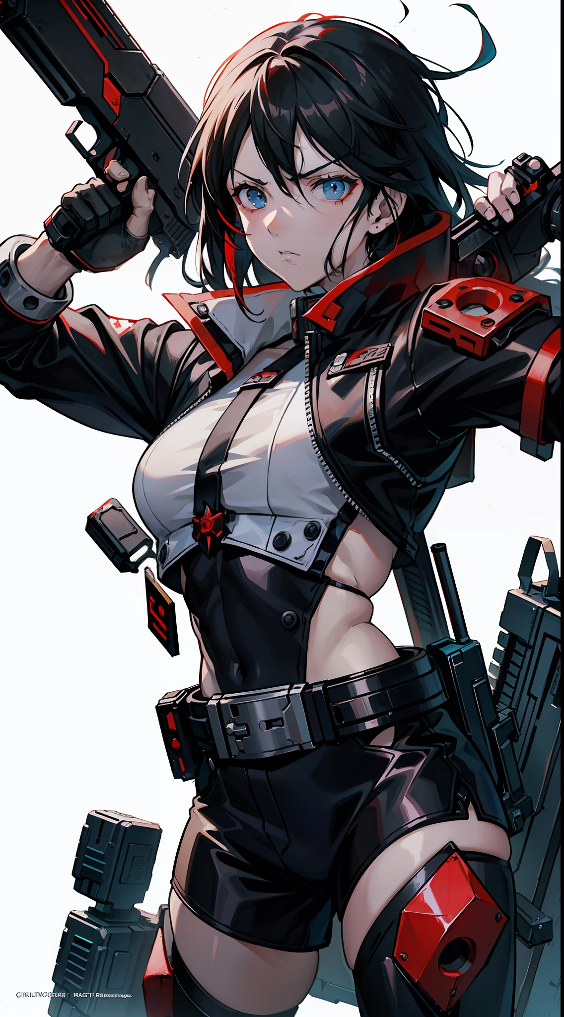 Close up of a man holding a gun on white background, Guilty Gear strives to splash art, guilty gear art direction, shadowrun splash art, Anime cyberpunk moderno, no more heroes concept art, anime cyberpunk art, greg rutkowski and krenz cushart, anime cyberpunk, krenz cushart and asher duran, Digital cyberpunk anime art, cyberpunk anime art