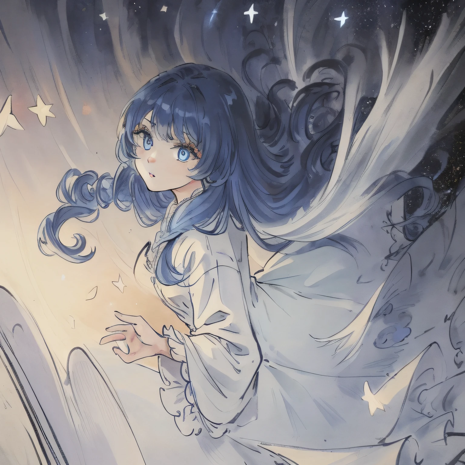 masterpiece, best quality, CG 8k wallpaper, illustration, amazing fine details and brush strokes, smooth,(((1girl))), extremely detailed, dynamic composition, motion, incredibly detailed, white court dress,loli, moonlight, beautiful, detailed eyes,[white hair"blue hair:0.5],blue eyes,long_curly_hair, hands behind back, highly detailed, solo, full,amazing, beautiful, finely detail, (stars),galaxy,ray trace, Depth of field