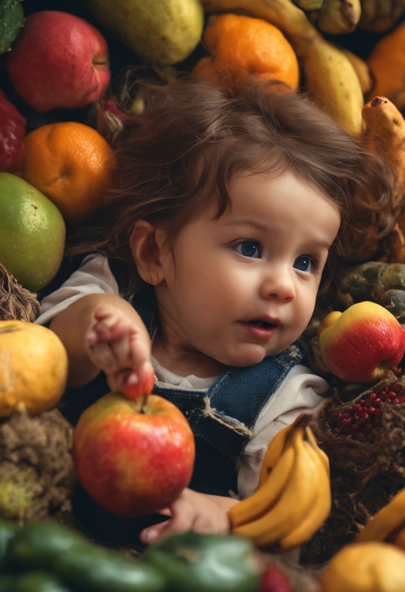 realistic photography, long hair child, eating fruit