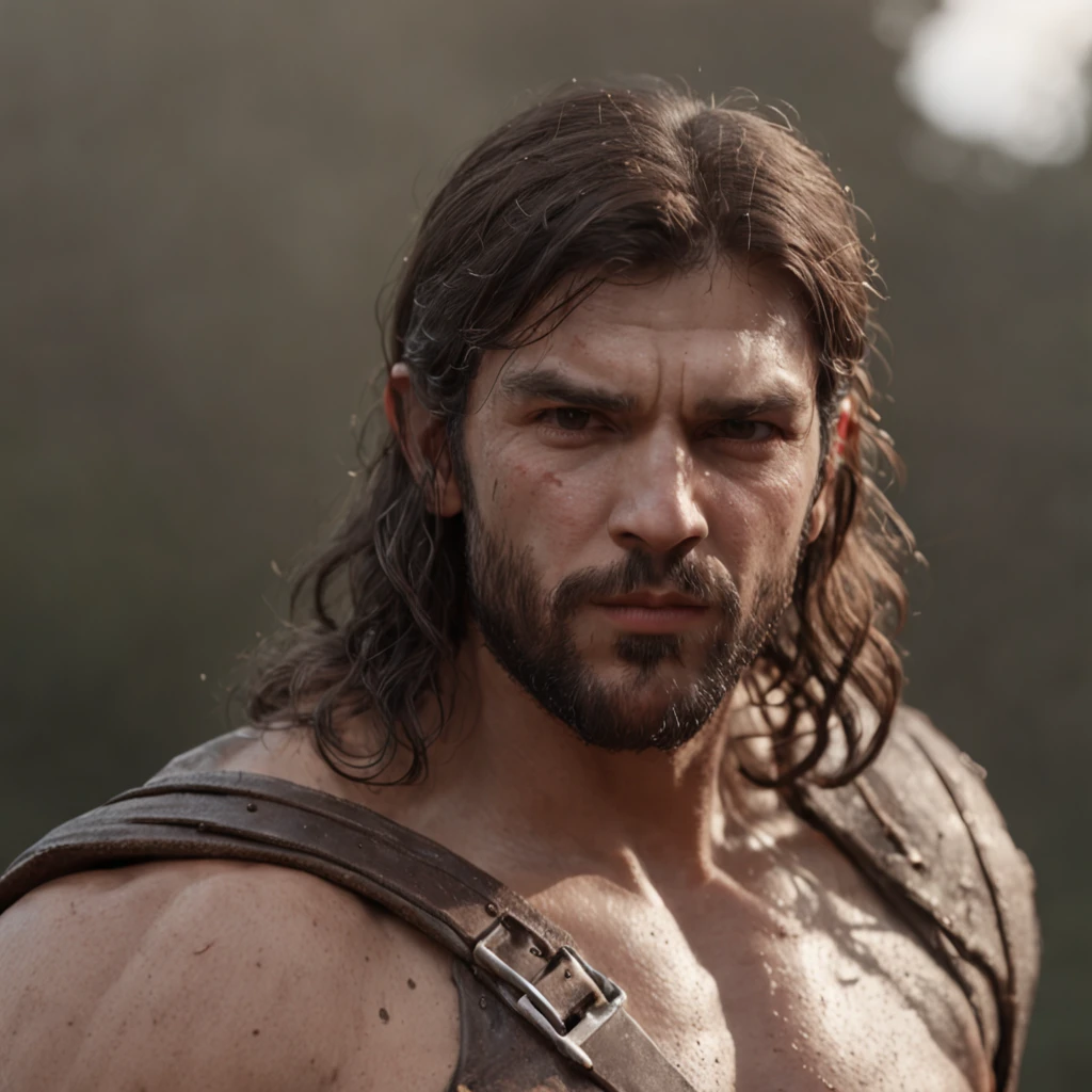 (Professional 3D rendering:1.3) de (Realistic:1.3) Foto de arte mais bonita do mundo,Features soft, bright male heroes, ((Epic hero fantasy rough muscular man wet hero angry look long hair short beard and fierce expression in dynamic pose, fantastic location, majestoso ambiente desordenado)), corpo inteiro 8k unidade render, action shot, poros da pele, very dark lighting, sombreamento pesado, circunstanciado, Rosto detalhado, (vibrante, fotogrdeia realista, Realistic, Dramatic, Escuro, foco nítido, 8k), (Old leather clothes damaged by bad weather:1.4), ((((Use peles)))), (intrincado:1.4), decadente, (altamente detalhado:1.4), pintura digital, rendering by octane, art stations, Conceito-Arte, liso, foco nítido, illustration, germe da arte, (Loish:0.23), Wlop Ilya Kuvshinov, e Greg Rutkowski e Alphonse Mucha Gracias, (global ilumination, studiolight, Light Volumetric), chuva forte, floating particles, patife, fantasia, Onze, corpo inteiroesbian, ((Fundo escuro e antigo da cidade:1.3)),CGSesociedade,art stations