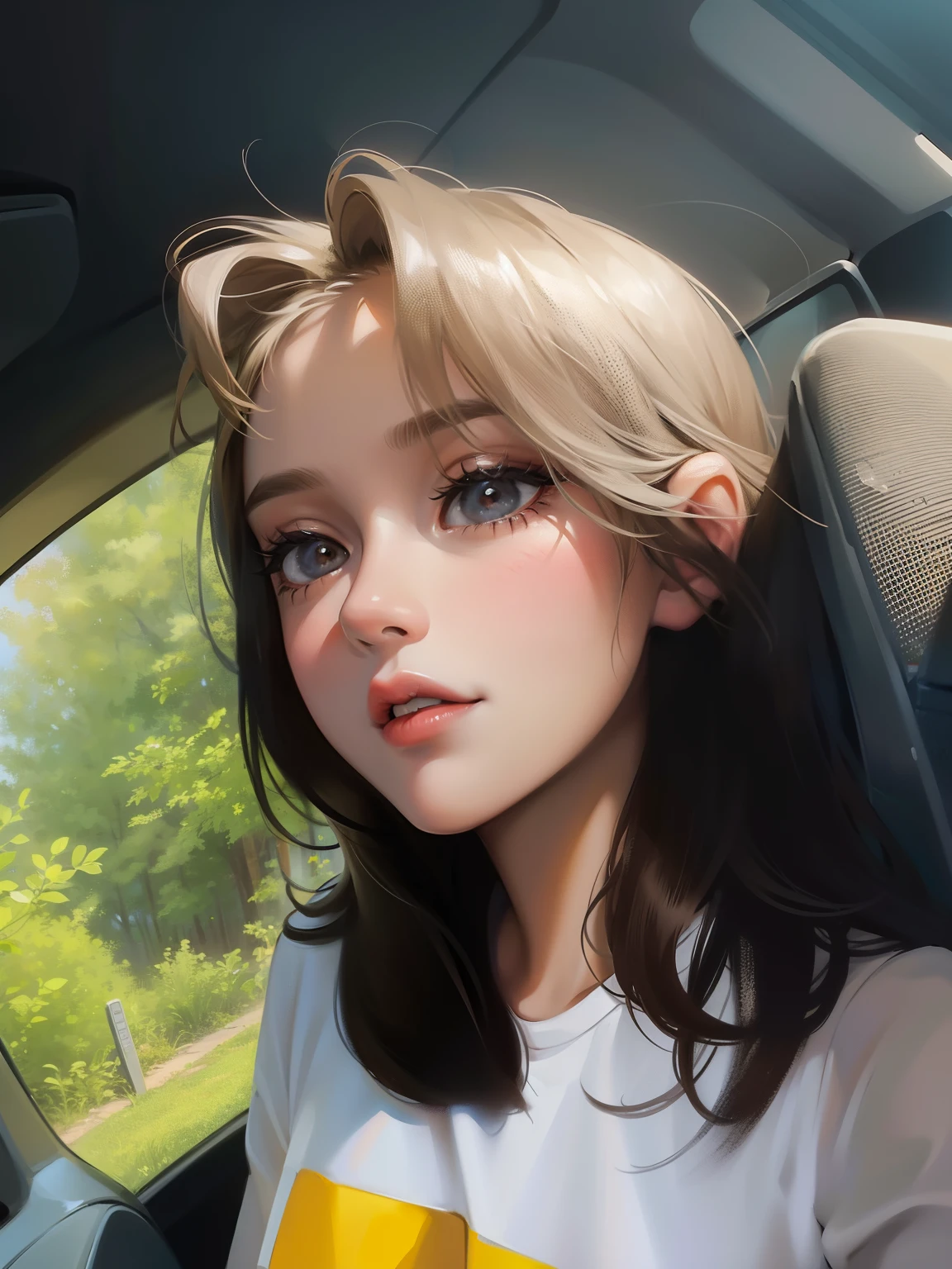 A close-up portrait of a bored girl taking a selfie during a long drive in a car.
