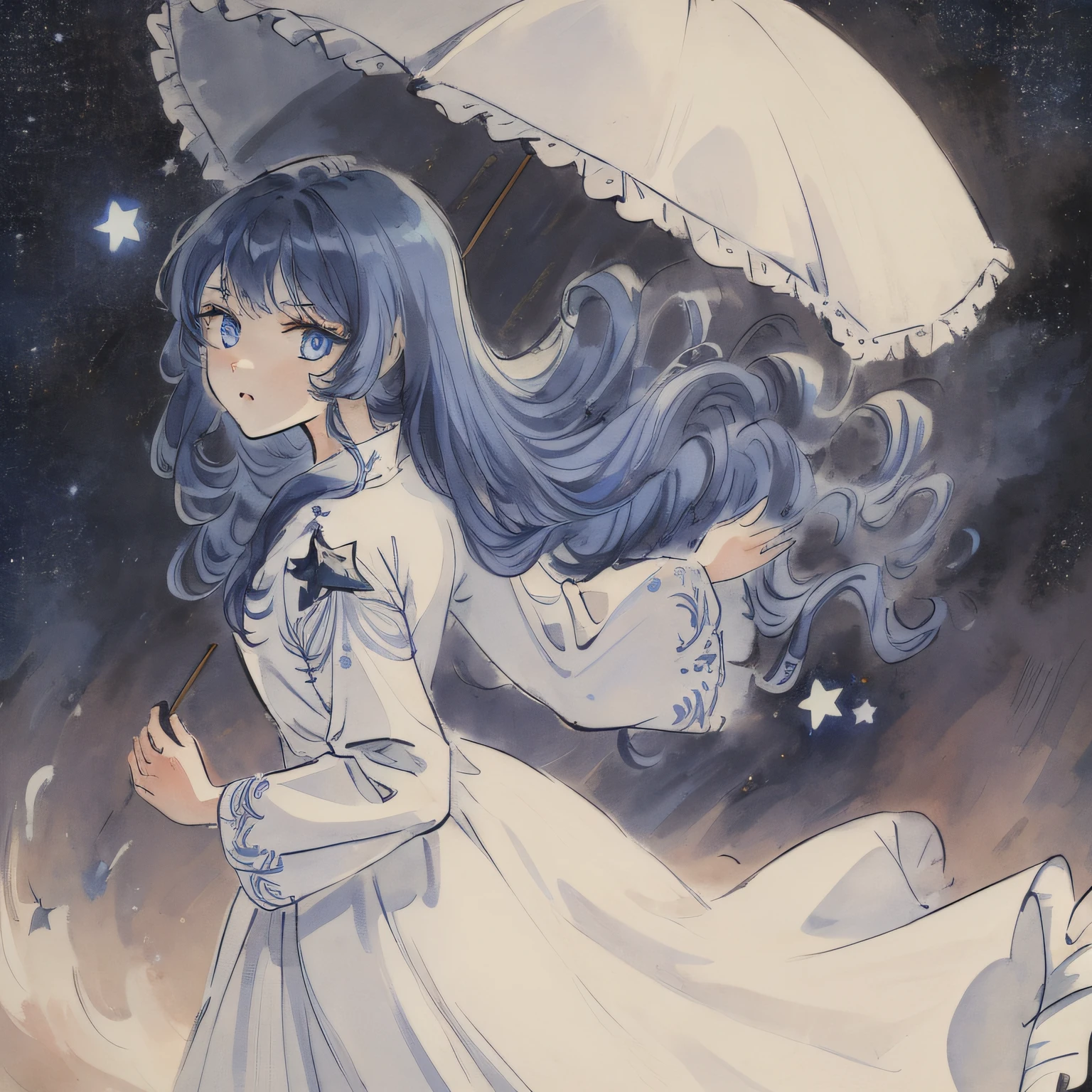 masterpiece, best quality, CG 8k wallpaper, illustration, amazing fine details and brush strokes, smooth,(((1girl))), extremely detailed, dynamic composition, motion, incredibly detailed, white court dress,, moonlight, beautiful, detailed eyes,[white hair"blue hair:0.5],blue eyes,long_curly_hair, hands behind back, highly detailed, solo, full,amazing, beautiful, finely detail, (stars),galaxy,ray trace, Depth of field