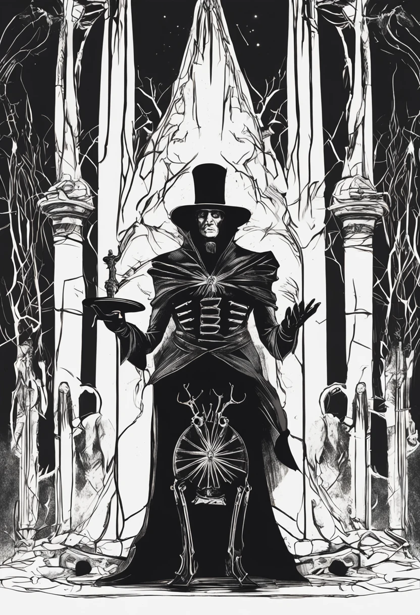 Please generate an image of an imposing man wearing a black top hat, sitting with authority on a peculiar throne that is positioned in the center of a dark crossroads. He wears a black cape that flows around him, adding a touch of mystery to his figure. In one of his hands, he firmly holds a sinister-looking trident.
The entire scene plays out at night, where the cobbled streets cast deep shadows. Around the throne, flames of fire crackle and glow, casting an eerie light over the surroundings. The full moon, a cold, piercing white, loomed in the background, its glow casting an unsettling gaze over the entire scene. The combination of moonlight and fire creates dramatic contrasts, revealing details of the throne, figure and crossroads in an eerie and hypnotic way.