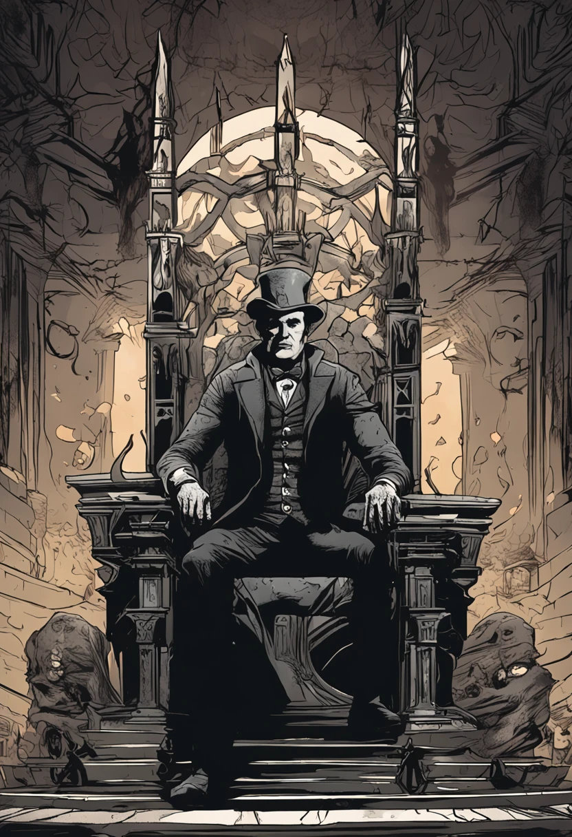 Please generate an image of an imposing man wearing a black top hat, sitting with authority on a peculiar throne that is positioned in the center of a dark crossroads. He wears a black cape that flows around him, adding a touch of mystery to his figure. In one of his hands, he firmly holds a sinister-looking trident.
The entire scene plays out at night, where the cobbled streets cast deep shadows. Around the throne, flames of fire crackle and glow, casting an eerie light over the surroundings. The full moon, a cold, piercing white, loomed in the background, its glow casting an unsettling gaze over the entire scene. The combination of moonlight and fire creates dramatic contrasts, revealing details of the throne, figure and crossroads in an eerie and hypnotic way.