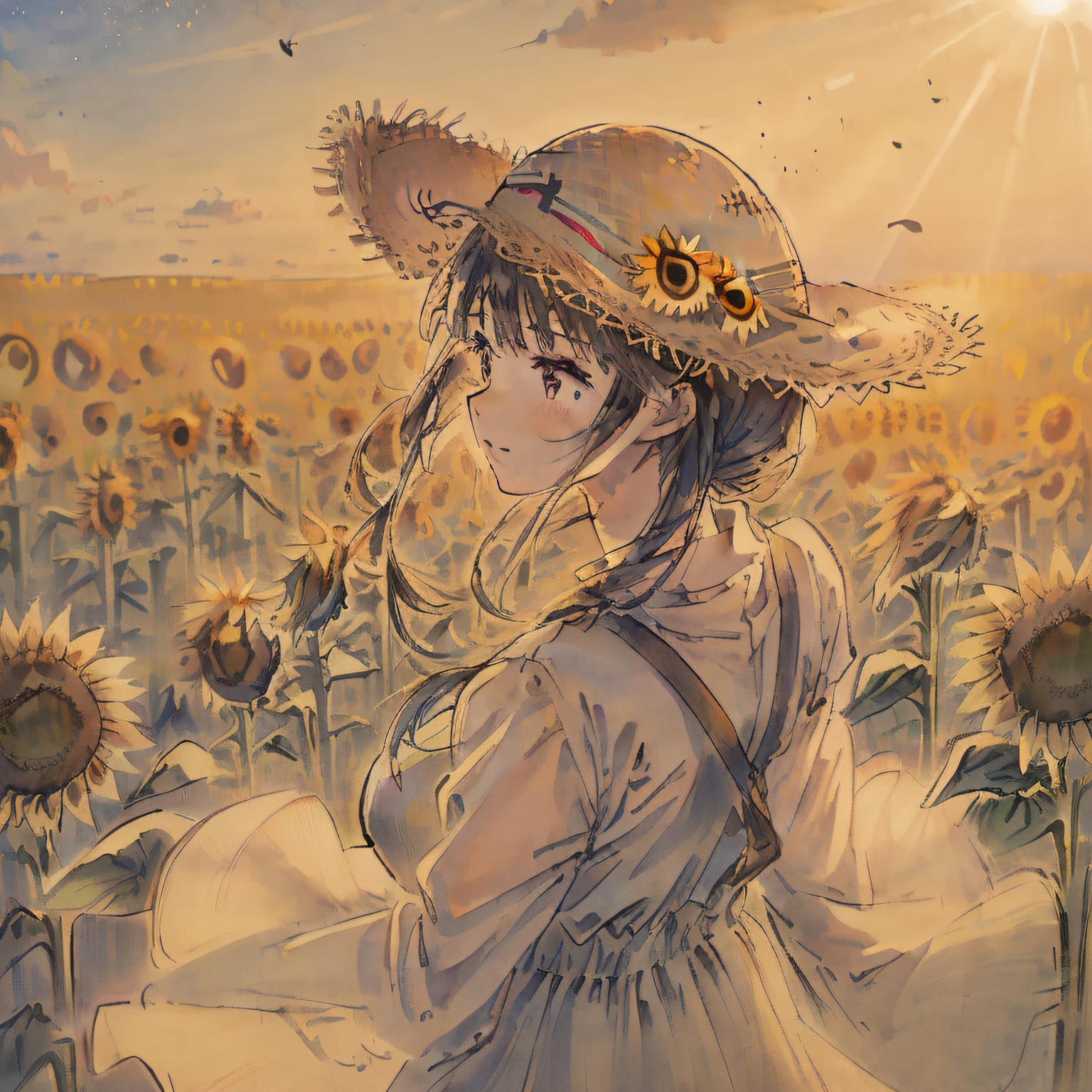 ((Girl in straw hat looking back in a field of sunflowers)), (backlight), (best illumination, best shadow, an extremely delicate and beautiful), Girl on the center axis of the picture, small breasts, ((Sunflowers with the ultimate in detail)), beautiful detailed sky, Perfect body, (beautiful detailed face), extremely delicate and beautiful girls, Sunflower fields at sunset, sunset, black hair, beautiful detailed cloud, (((extremely detailed CG unity 8k wallpaper, masterpiece, best quality, ultra-detailed))), dynamic angle, floating, finely detail, (bloom), (shine), glinting stars, feather,nature,(sunlight), fairyland, (((The character is in the center of the frame)))