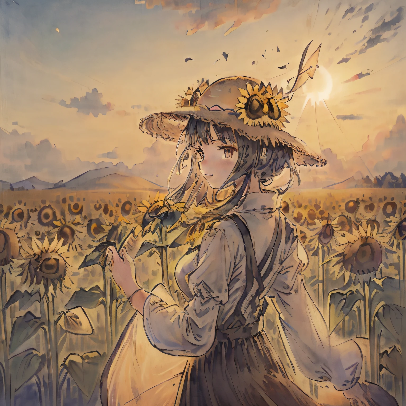 ((Girl in straw hat looking back in a field of sunflowers)), (backlight), (best illumination, best shadow, an extremely delicate and beautiful), Girl on the center axis of the picture, small breasts, ((Sunflowers with the ultimate in detail)), beautiful detailed sky, Perfect body, (beautiful detailed face), extremely delicate and beautiful girls, Sunflower fields at sunset, sunset, black hair, beautiful detailed cloud, (((extremely detailed CG unity 8k wallpaper, masterpiece, best quality, ultra-detailed))), dynamic angle, floating, finely detail, (bloom), (shine), glinting stars, feather,nature,(sunlight), fairyland, (((The character is in the center of the frame)))