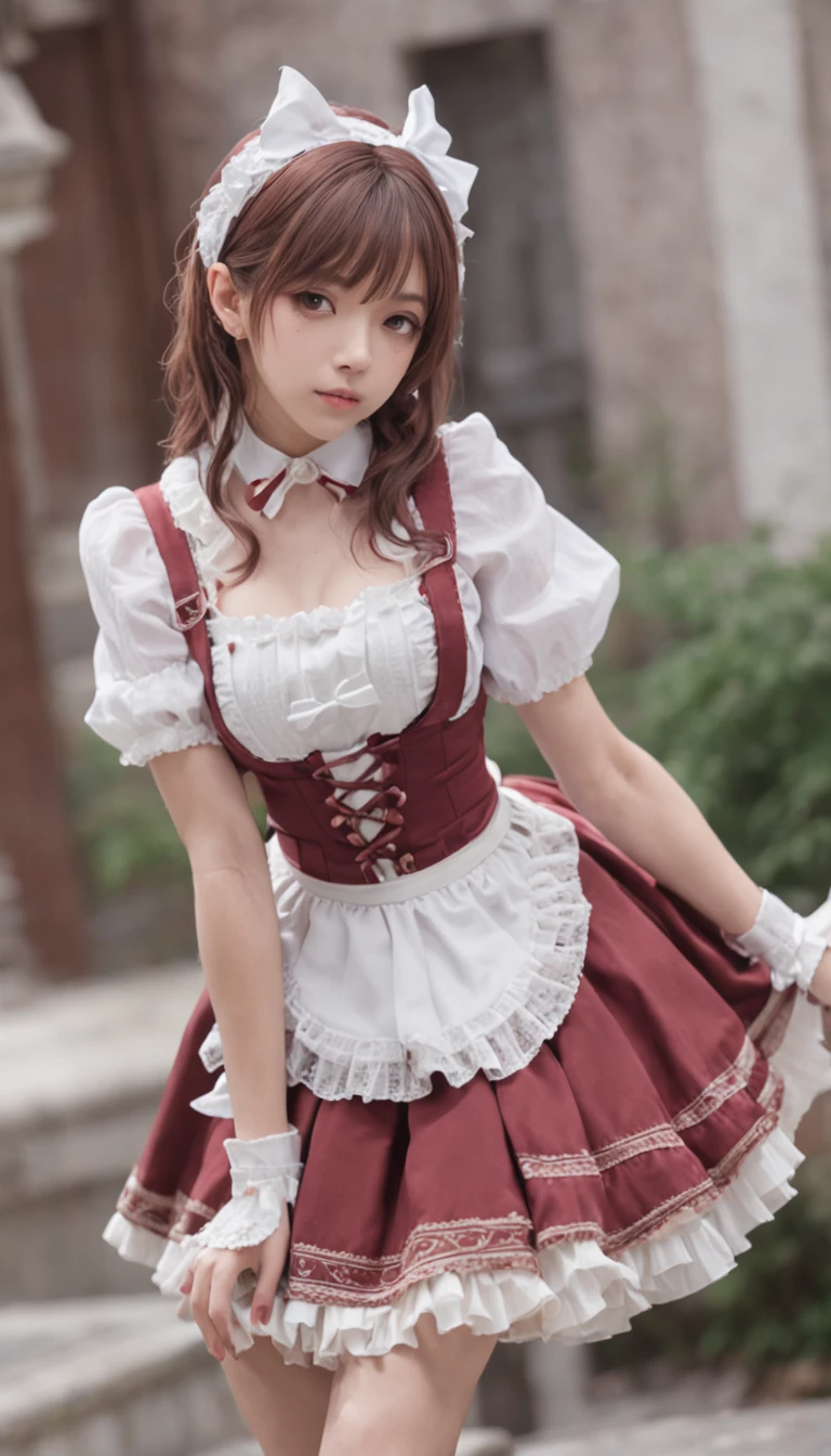 (8K、RAW Photos、Highest quality、masterpiece:1.2)、(Realistic、Realistic)、1 Girl、((mini skirt、smile、Red and Black、Thin legs、whole body、boots、Clothes with ribbons、Anime Costumes、Chest ribbon、Off the shoulder、See-through、Frills、garden、View from the front、Ribbon on chest、Looking into the camera、belt、Stand with hands on hips))、