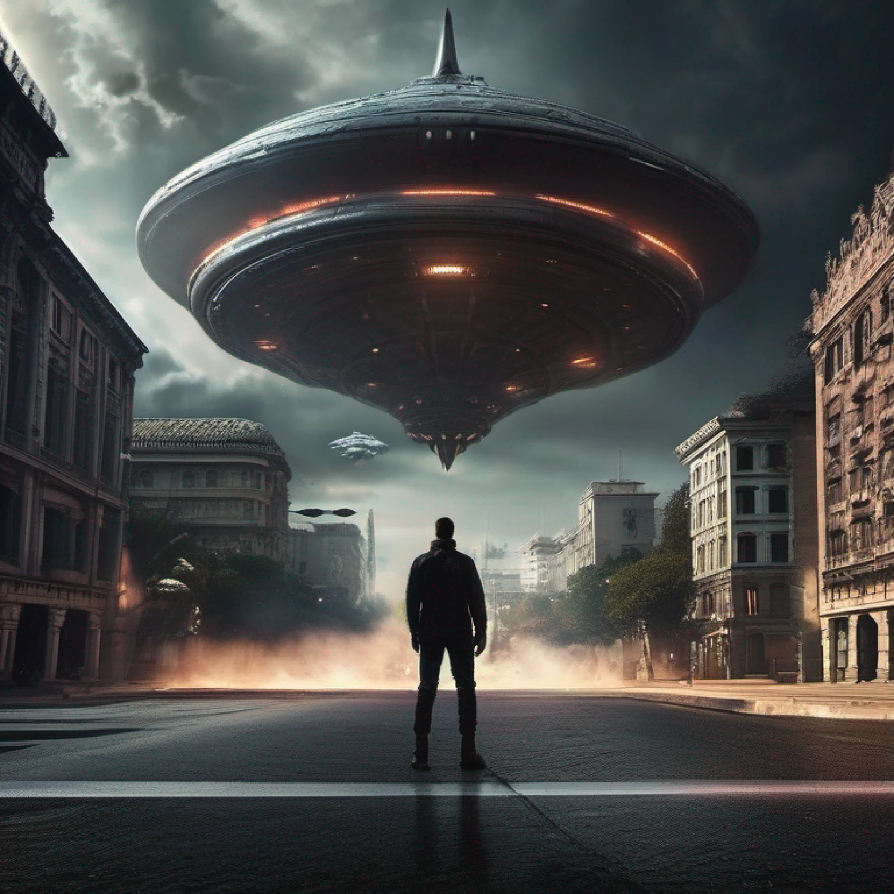 1man, standing brave in front alien ship, alien invaded city, (very low angle), photographed, masterpiece, dynamic lighting (action movies)