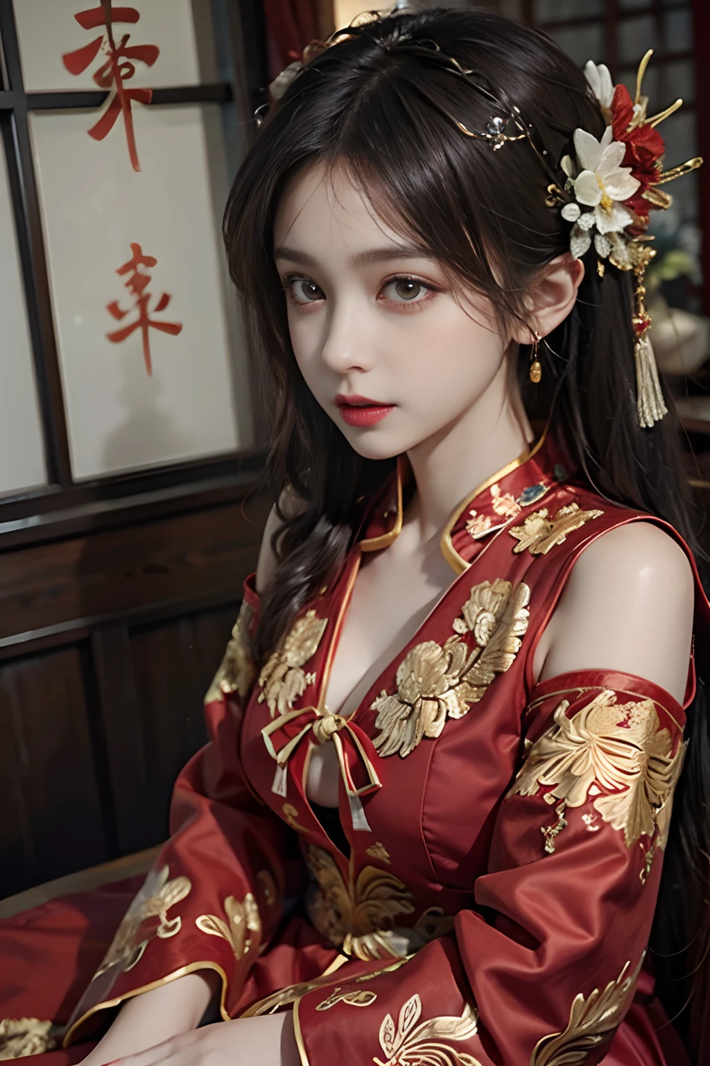 (((masterpiece))), (((best quality))), (((half body photo))), (((closeup))), solo, 1girl, smile, brown longhair, ribbon, (((red see through complex pattern chiffon hanfu))), (((big tits))), (((petite figure))),  (((ancient china palace))), ((sunset)),