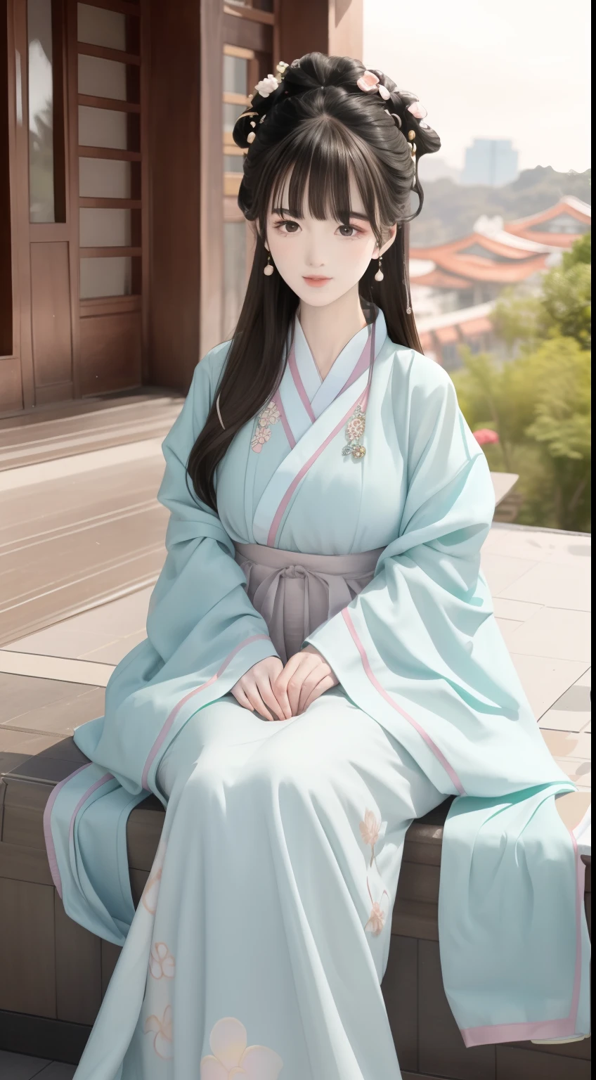 Anime girl in Hanfu dress sitting on the ground holding a flower, Palace ， A girl in Hanfu, Anime goddess, Beautiful anime girl, cute anime waifu in a nice dress, Guviz, heise jinyao, style of anime4 K, Beautiful anime woman, Anime girl with long hair, Guweiz in Pixiv ArtStation