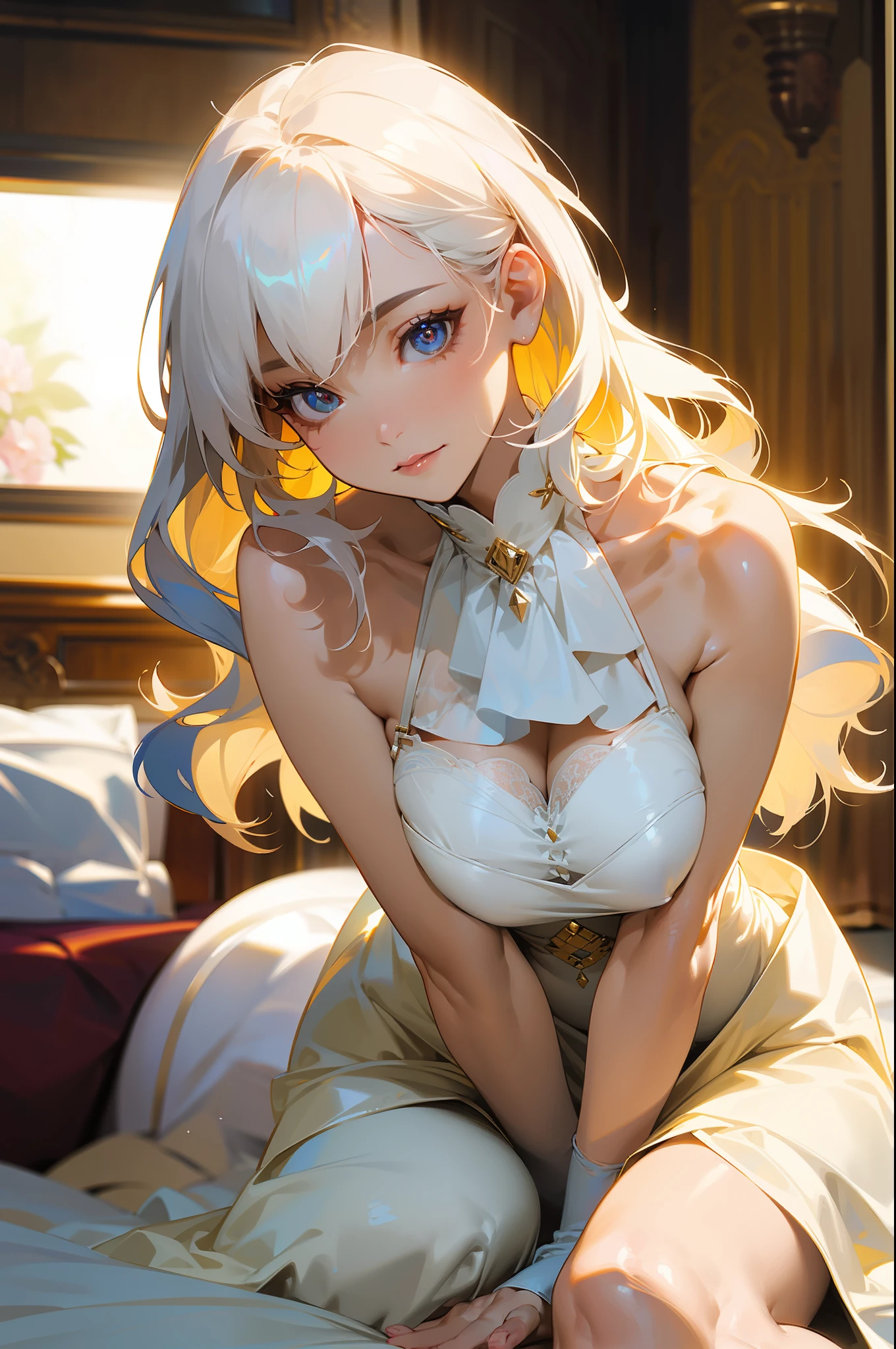 nsfw:1.5,masterpiece, from top, highest quality, high quality, high definition, high quality texture, high quality shadows, high definition, beautiful details, highly detailed CG, detailed textures, realistic representation of face, realistic, colorful, delicate, cinematic lights, side lights, lens flare, ray tracing, sharp focus, (1girl, __focus__:1.3), ( Intricate details, Makeup, PureErosFace_V1:0.5), (Delicate face beautiful with details, Delicate eyes with detailed and beautiful, Perfect face proportions, dense skin, optimal ratio of four fingers and one thumb, arms under the chest, Big chest, wide hips, smooth upper abdomen, lean, dress, long white hair:1.3), bed, without hands, gigantic breasts, large breasts, sexy hot bra