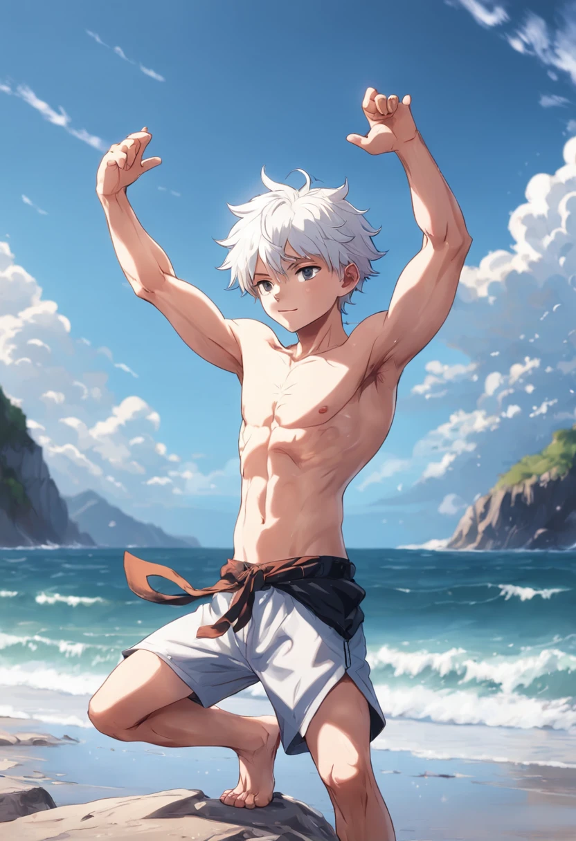 A white-haired boy stood on a rock,Large, sharp wolf ears,Stretch out your arms on the beach,Shirtless,Abs,Swimsuit shutter stock, his arms spread. ready to fly, Arms outstretched, raise both arms, People find happiness, his arms spread, stock image, arms out, Feel calm, arms out, Archive images, stockphoto, relaxing on the beach, pexels