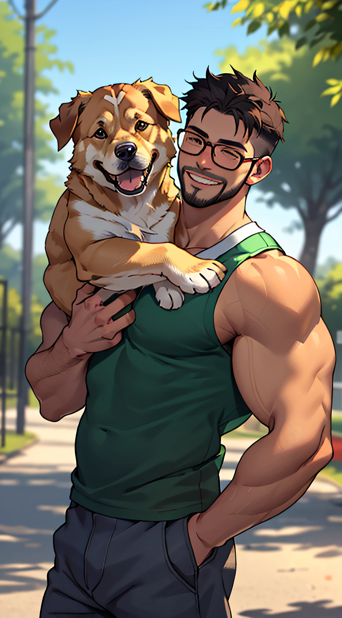 a man with a beard and a golden retriever dog, the man wearing glasses, green tanktop, in a dog's park, the man carrying and hugging the dog, the high well detailed, face focus, happy smile, happy dog, heart-warming, seen from the side