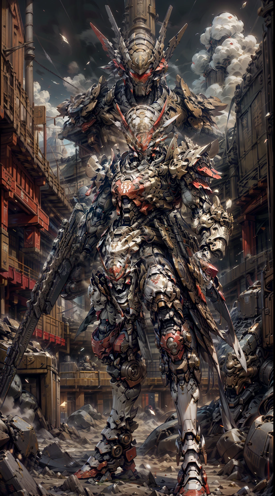 ((best qualityer)), ((Masterpiece)), (The is very detailed: 1.3), 8K，Cool painting，It's sci-fi，Red Gunsmith，Mayan shaman costume，Red tank armored division with huge shields，Lots of gemstones，Red，Red mech，Reloaded up to the MK2，Red mech，The mask covers the face，Holding a shield in the air，Red super large mechanical shield，Heavy weapons，Heavy machine gun，sniper gun，cannon，Gatling guns were scattered on the ground，Carrying a weapon and a firearm，Pistol again at the waist，Sniper rifle in the back again，Super cool tank armor，God of weapons，Gundam humanoid mech，anime mecha aesthetic，Perfect body proportions，Heads-up view，stand posture，Military giant mech，missile，Rock music，Future technology，hentail realism，There are dark clouds in the sky，Dark black war background，rim-light，Ray traching，Light particles，NVIDIA Trtx， Hyper-Resolution，Unreal 5，Sub-surface scattering，Specular and albedo maps，trichotomy，largeaperture，Fighting posture, 8K raw data，High efficiency sub-pixel，Subpixel convolution，Light particles，Light scattering，Tyndall effect，Ray traching.