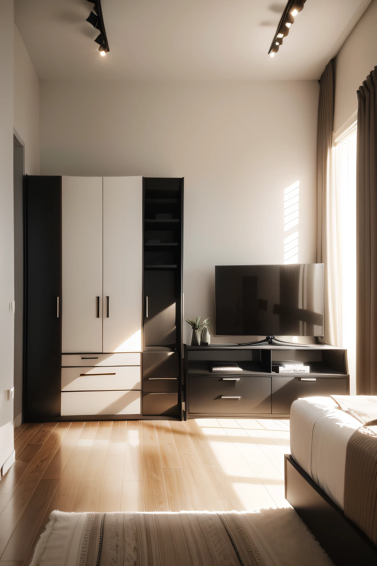 Bedroom with bed, A beige wardrobe, A black table and a TV, , apartment design,   High rendering, , layout,