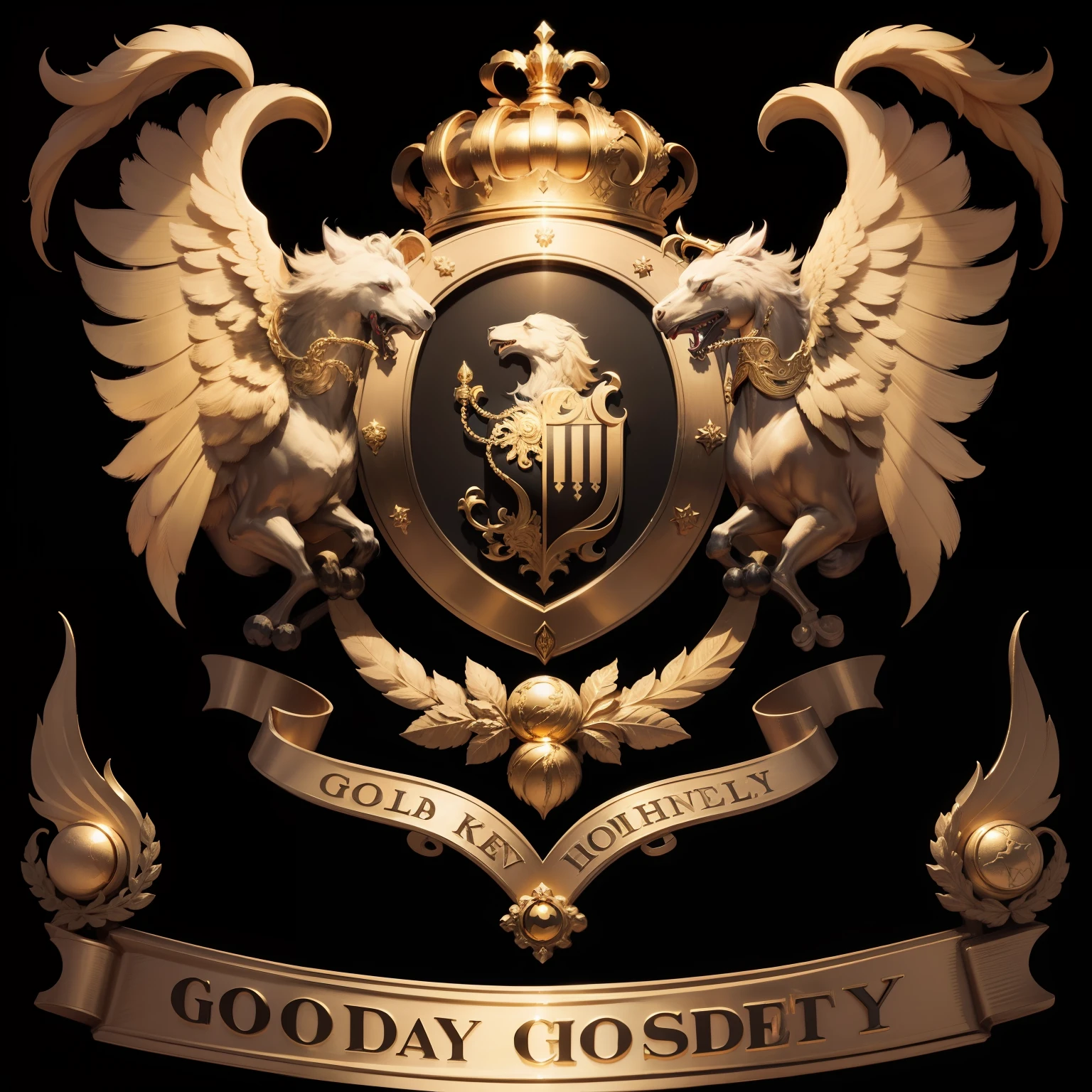 Black background a golden coat of arms of royalty