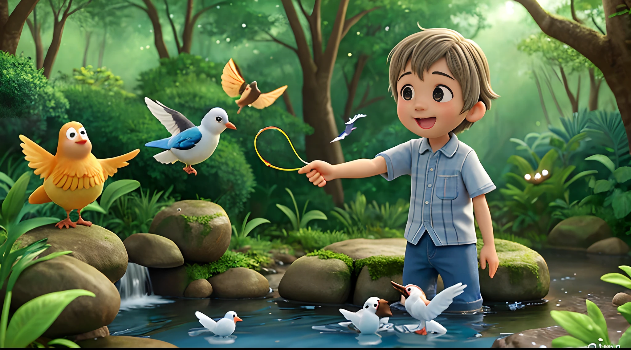 menino, 8 anos, cabelos castanhos, olhos grandes e brilhantes, Pixar, na floresta, Feliz, playing with birds next to a stream,