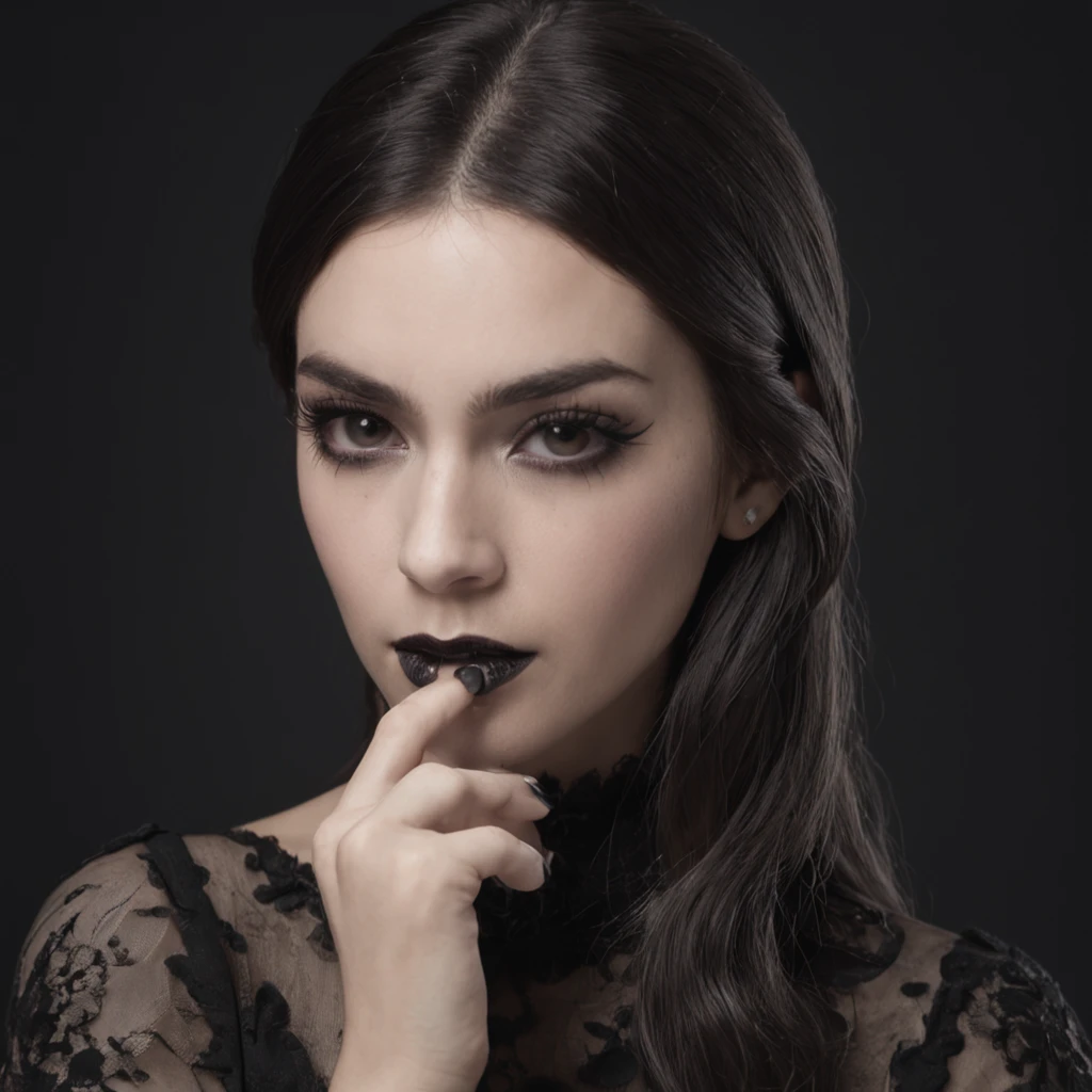 a studio photo, a goth girl, olhar sombrio: 2.0, frante, nitidez, 8k, fundo simples, close, ::n deformed hand