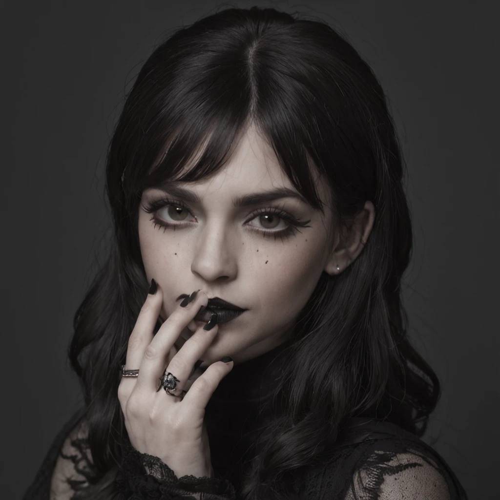 a studio photo, a goth girl, olhar sombrio: 2.0, frante, nitidez, 8k, fundo simples, close, ::n deformed hand