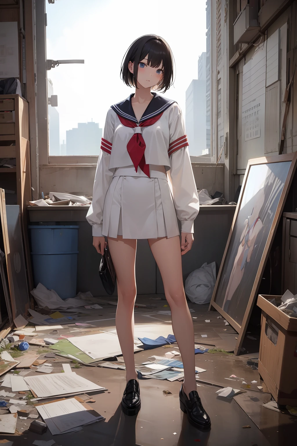 top-quality、​masterpiece、Closed，[[Inside a destroyed classroom]]Garbage all over the ground，unclean，Sexy Standing Pose，Very beautiful long slim legs，a sailor suit、exhibitionists，