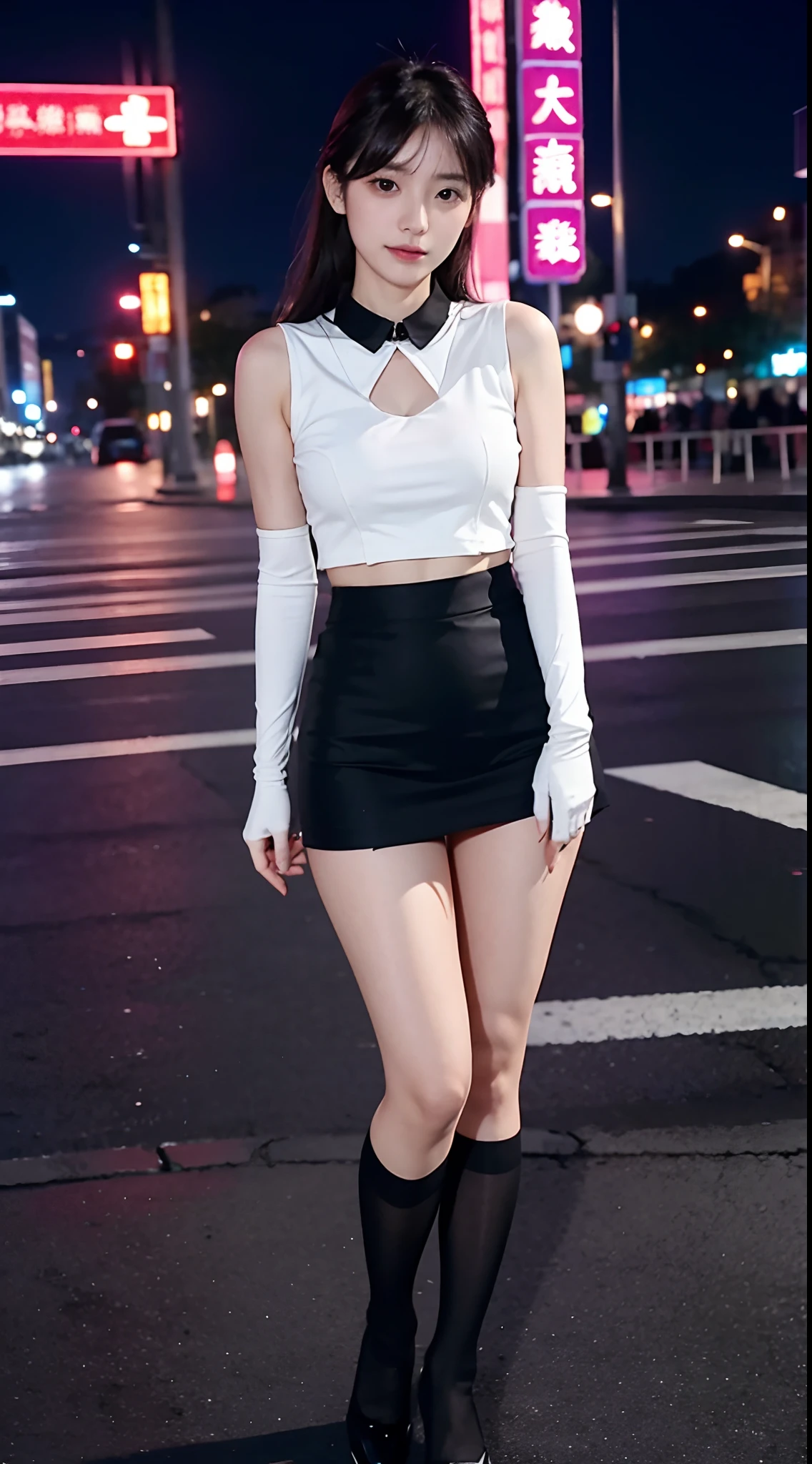 realisticlying,超高分辨率,Best Picture Quality,tmasterpiece,Extremely delicate girl,a purple eye,looking at viewert,slender leg,Be red in the face,is shy,(Urban space,the night,电影灯光),((Sailor collar,Short top,围巾), Superskirt, pleatedskirt, High pants, Striped stockings, rabbitears, and elbow gloves, ?????? view, The focus is on the thighs)), (YaeMiko, yae sakura : 1.3), (photorealestic: 1.4), (ulzzang-6500-v1.1:0.66),