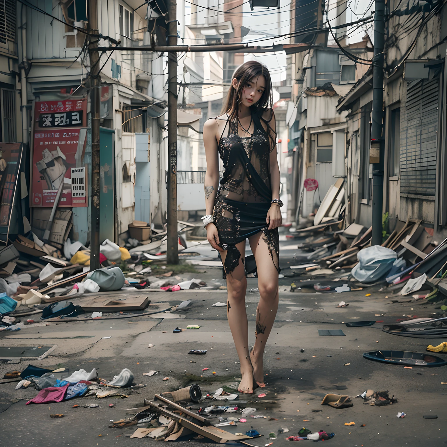 Abandoned slums，Sexy standing pose，Full body portrait 1.1，18 years old girls，lean and slender body，As thin as a whipping post，The barefoot，Random nudity all over the body，Random exposure of genitals，facing to audience