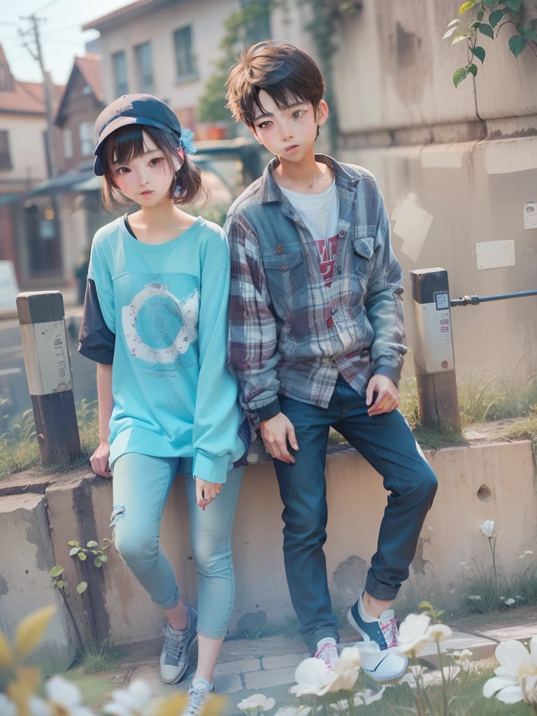 masterpiece、top-quality、8k, ultra-details、(cute character couple with big brown eyes)、a boy and a girl、boy took girl's hand、boy wears white shirt and denim jacket, girl drinking in a plastic cup, Matching jeans, matching sneakers, Smiling and looking at viewer、Full-body standing figure、The background is a beatiful night market