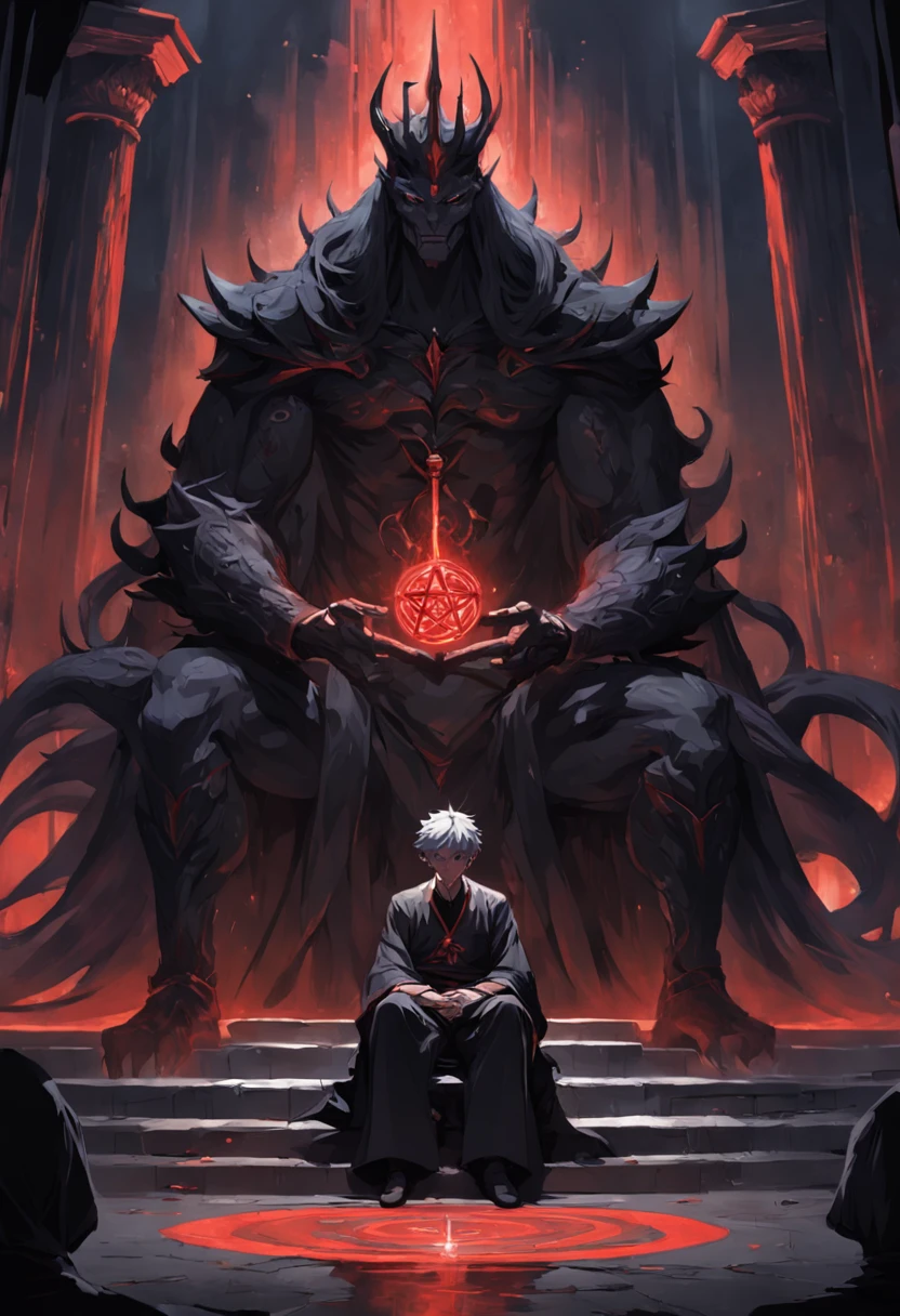 Por favor, gere uma imagem de um homem imponente usando uma cartola preta, sitting authoritatively on a peculiar throne that is positioned in the center of a dark crossroads. Ele usa uma capa preta que flui ao seu redor, adding a touch of mystery to his figure. In one of your hands, He firmly holds a sinister-looking trident. The whole scene takes place at night, where cobblestone streets cast deep shadows. ao redor do trono, chamas de fogo, crepitar e brilhar;, casting a sinister light on the surroundings. A lua cheia, Um resfriado, branco penetrante, pairava ao fundo, his glow casting an unsettling glance over the entire scene. The combination of moonlight and fire creates dramatic contrasts, revelando detalhes do trono, figure and crossroads in a sinister and hypnotic way, 3d,