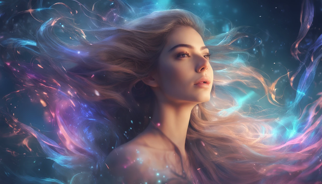 A woman with long hair and a blue dress is looking up at the sky ...