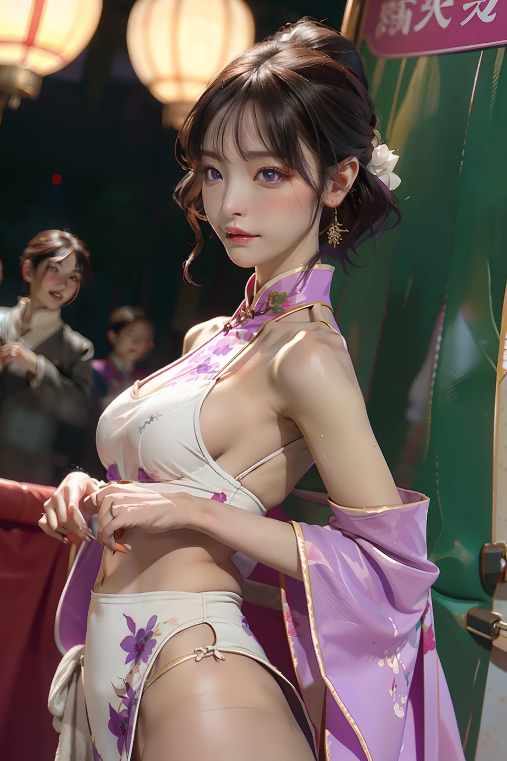 short detailed hair, Purple eyes, Large breasts, The Chinese cheongsam is broken,partially unbuttoned, In winter, Rainy days, Outdoors， hair over breasts, Light blush, Moles under eyes, , beast ear, crying with eyes open, aprons, Crop top, Lolita_Fashion, white kneehighs, Hip up,Best picture quality，超高分辨率，Fidelity：1.4） Dimly lit， darkly， be desperate， pitying， cute little， Tears， tear drop，torn laundry：1.5， （wetclothes：1.4）， exposed bare shoulders， Real rain， Wet hair,..