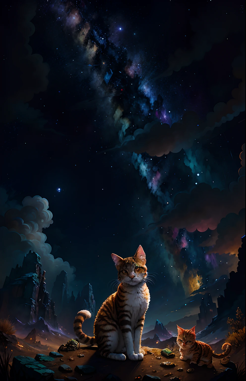 Chimera cat with different parts of animals under a starry sky in a po-apocalyptic environment, Pintura digital altamente detallada, Arte digital altamente detallado, Arte digital 4K altamente detallado, Pintura digital altamente detallada, gato. Pintura digital, Ilustraciones digitales altamente detalladas, Arte digital. Altamente detallado, Arte digital hiperdetallado, Arte digital extremadamente detallado, Arte digital altamente detallado, Arte digital altamente detallado
