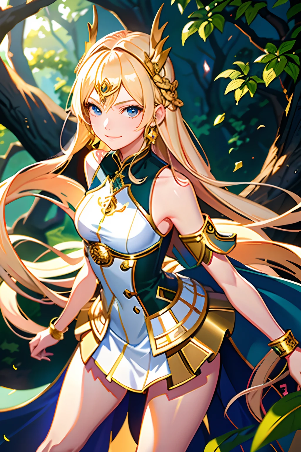 anime girl with long blonde hair and gold jewelry standing in front of a tree, anime goddess, cushart krenz key art feminine, portrait knights of zodiac girl, blonde anime girl with long hair, trending on artstation pixiv, knights of zodiac girl, detailed digital anime art, by Yang J, the goddess artemis smirking