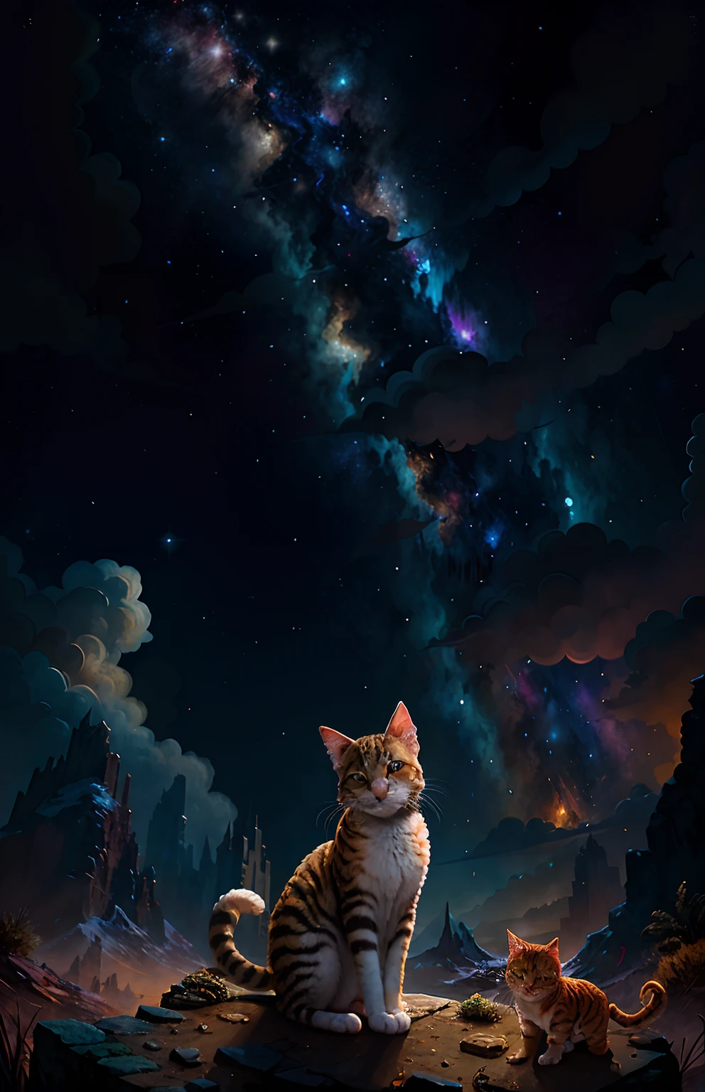 Chimera cat with different parts of animals under a starry sky in a po-apocalyptic environment, Pintura digital altamente detallada, arte digital altamente detallado, arte digital 4K altamente detallado, Pintura digital altamente detallada, gato. Pintura digital, Ilustraciones digitales altamente detalladas, arte digital. Altamente detallado, arte digital hiperdetallado, arte digital extremadamente detallado, arte digital altamente detallado, arte digital altamente detallado