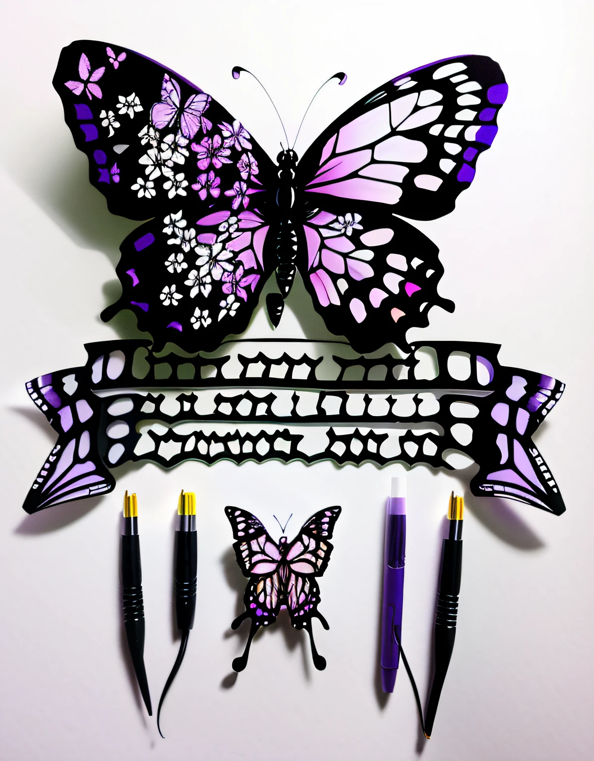 A purple butterfly,It has ribbons and flowers on it, Detailed silhouette, Butterfly wings, Engraved, butterflies and worms, digitally drawn, The main body is purple,Embellished with black and white, inspired by Gina Pellón, , simple yet detailed,flowers and butterflies, detail-rich, butterflys, Very detailed", Very detailed", my rendition
