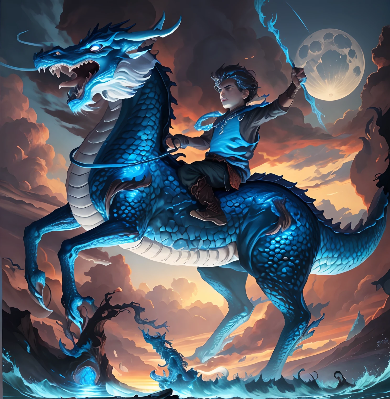 Creat ultra realistic picture where a boy He wears a black shirt And he is sitting on a Chinese dragon who is flying with full speed and that dragon have horns , and light is emanating from dragon's whole body And also have thander powerthe dragon is without legs,hands and wings. The background feature dark clouds