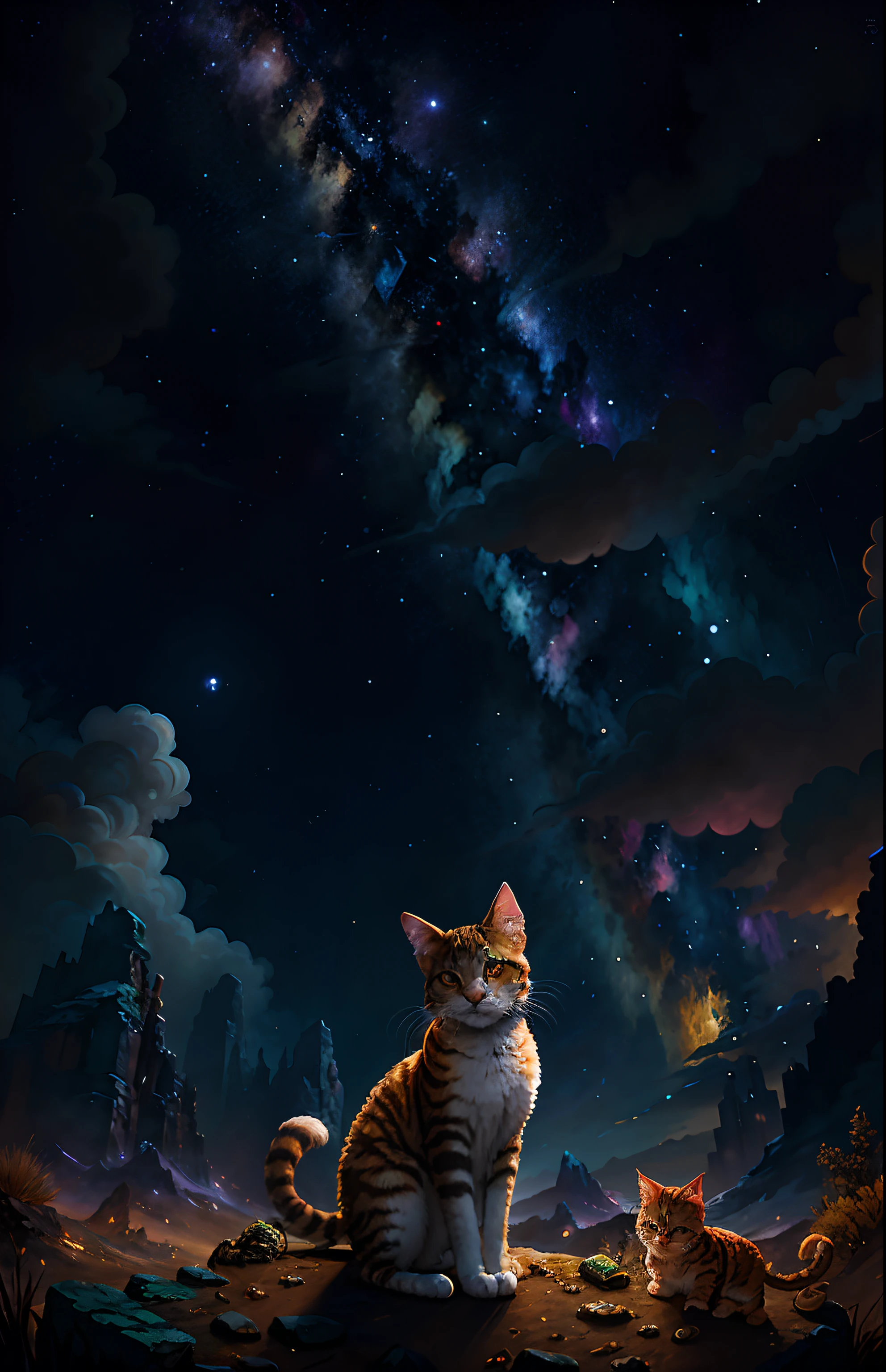 Chimera cat with different parts of animals under a starry sky in a po-apocalyptic environment, Pintura digital altamente detallada, Arte digital altamente detallado, Arte digital 4K altamente detallado, Pintura digital altamente detallada, gato. Pintura digital, Ilustraciones digitales altamente detalladas, Arte digital. Altamente detallado, Arte digital hiperdetallado, Arte digital extremadamente detallado, Arte digital altamente detallado, Arte digital altamente detallado