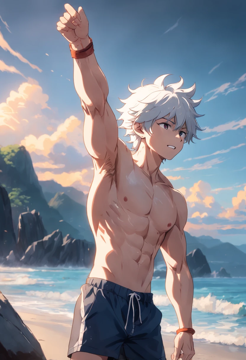 A white-haired boy stood on a rock,, Sharp wolf ears,Stretch out your arms on the beach,Shirtless,Abs,Swimsuit shutter stock, People find happiness, his arms spread, stock image, relaxing on the beach, pexels,Muscular,Young age,Wolf ears,laughingly