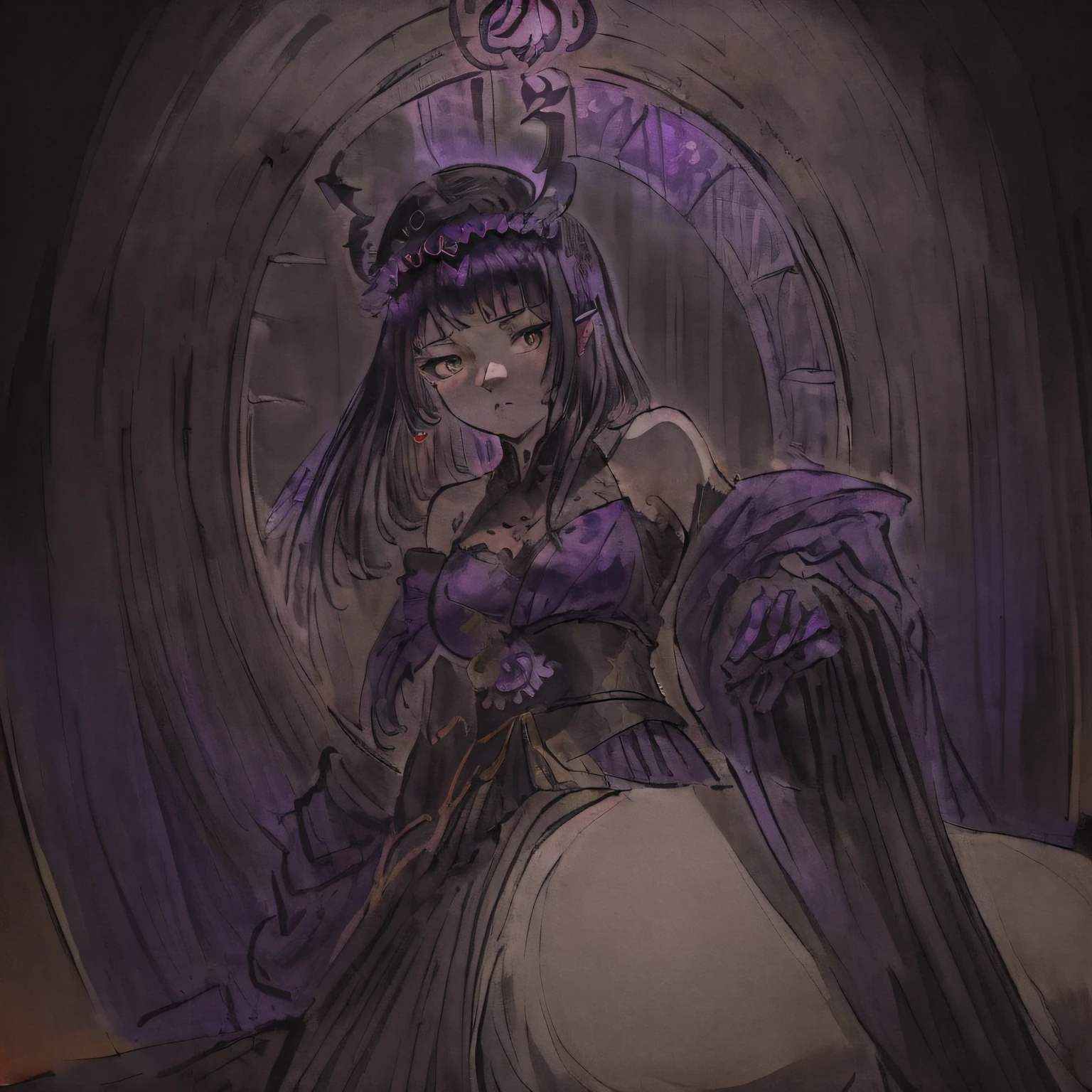 (((masterpiece))), (((best quality))), ((ultra-detailed)),(((lots of details))),(beautiful detailed girl),((Epic Light and Shadow)),cinematic angle ,oil painting , (illustration), (detailed light),((an extremely delicate and beautiful)),A girl was sitting in a dark environment. Behind her was a strange purple portal. The portal stretched out many tentacles and passed by the girl,(((Wariza))),weak,(((half_closed_eyes))),(((Purple_Energy_Transfer_Gate))),bare_shoulders,portrait,The girl is wearing a black gown,portrait,Dark ray,(((Detail background))),(cute anime face),((Headdress)),((Beautiful accessories)),small_breasts,