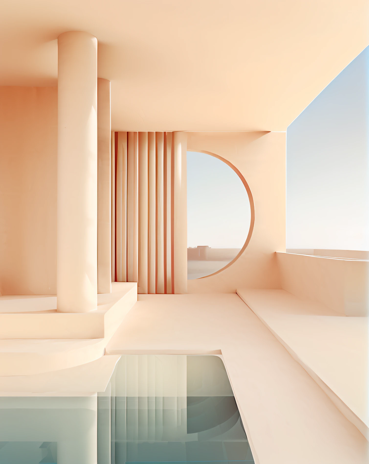 Close-up of swimming pool with round window and sky background, inspired by Ricardo Bofill, muted flat surreal design, in a futuristic desert palace, with surreal architecture, Minimalist architecture, rounded architecture, muted colors with minimalism, beautiful aesthetic design, in style of 3d render, surreal 3 d render, arhitectural shot, surreal architecture, surrealistic roman architecture
