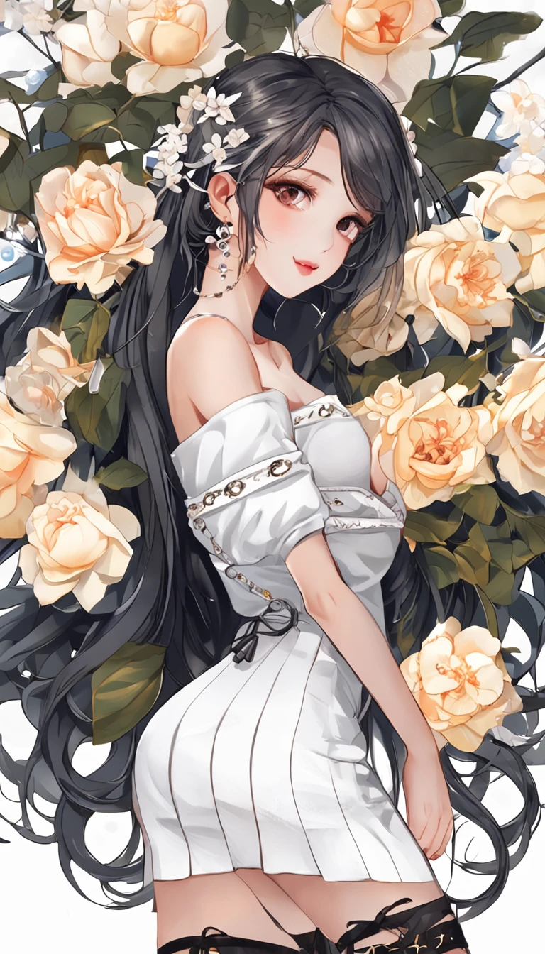 ((Looking back)), ((full bodyesbian)), ((Realistic)), ((From behind, From below)), (((off-the-shoulder clothes))), Beautiful young girl, Beautiful Korean model, Nice face, Beautiful hair accessories, White boots, shyexpression, Long black hair, curlies, 耳Nipple Ring, By bangs, （(slender leg)）, (cold light, the night, starrysky), （(at winter season, nevando)), (((White sweater, Short black skirt, There are broken flowers on the skirt)), Detailed scenes, the detail，Hyper-detailed, ((correct hand)), (anatomy correct), (best qualtiy，tmasterpiece)