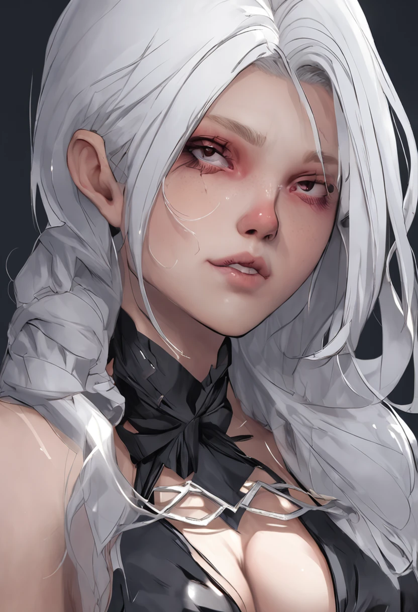 silber hair, younger female, Raised sexy, tear-mole, Beautiful, Delicate skin, huge tit, hentail realism, big breasts beautiful, Black panty, beast ear, silver hair, blue hair, ahoge, white hair, blindfold, ribbon, mole under eye, one eye closed, tongue out, fingersmile, parted lips, Surrealism, Surrealism, ray tracing, 16k, 8K, textured skin, highres, best quality, high details, 16k, 4K, 8k