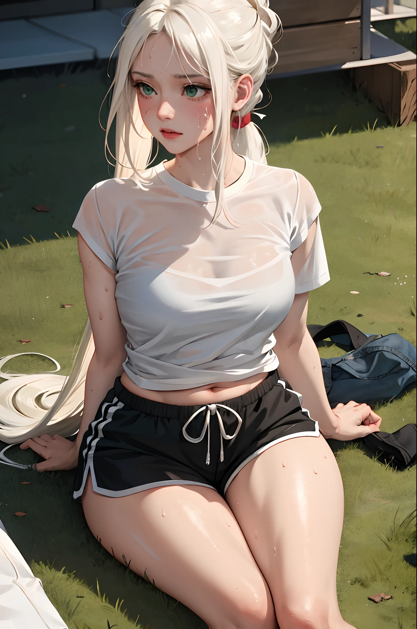 (masterpiece:1.2, best quality), (real picture, intricate details), 1lady, solo, upper body, showing legs, spread legs, open legs, leg spreading, sitting down, school , school settings, long hair, minimal makeup, detailed face, smiling, really long light platinum blonde hair, bangs, hair between eyes, green eyes, big plump breasts, big ass, SFW, clothes, school PE uniform, white shirt, t-shirt, tight shirt, tight school t-shirt, white socks, sweaty socks, school PE short, gym shorts, PE shorts, sweaty, super sweaty, extreme sweat, sweat wet