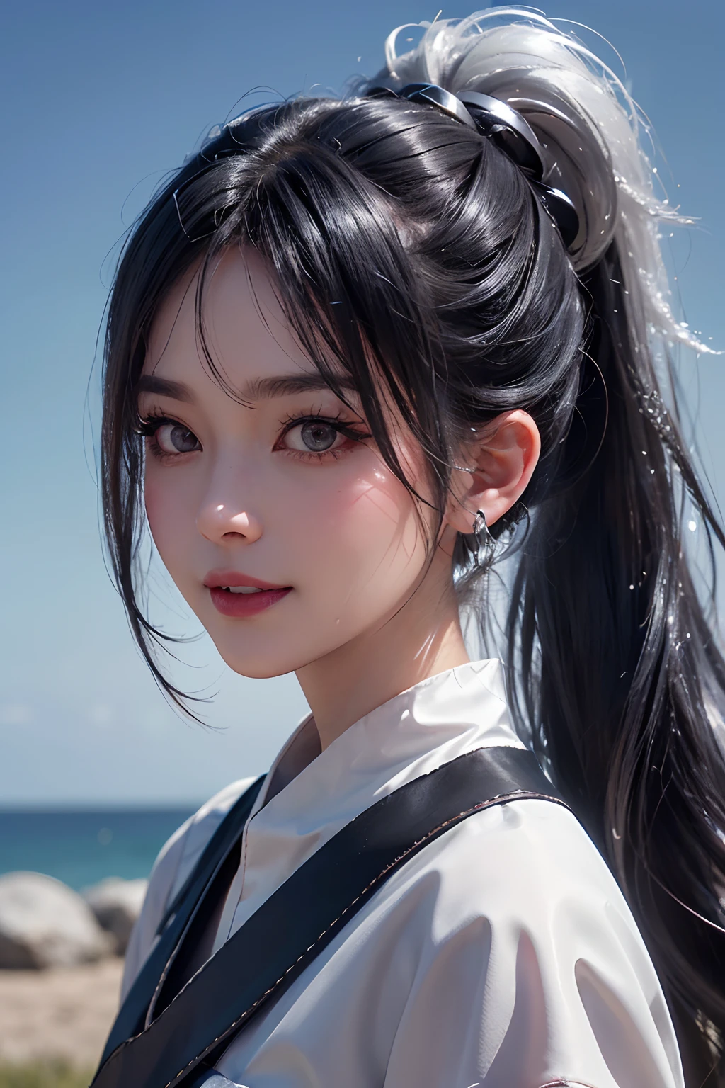 black hair, hair bobbles, wince, longeyelashes, solid circle eyes, fake animal ears, light smile, ear blush, fang, ponytail, silver hair, color contact lenses, Surrealism, drop shadow, anaglyph, stereogram, tachi-e, pov, atmospheric perspective, 8k, super detail, ccurate, best quality
