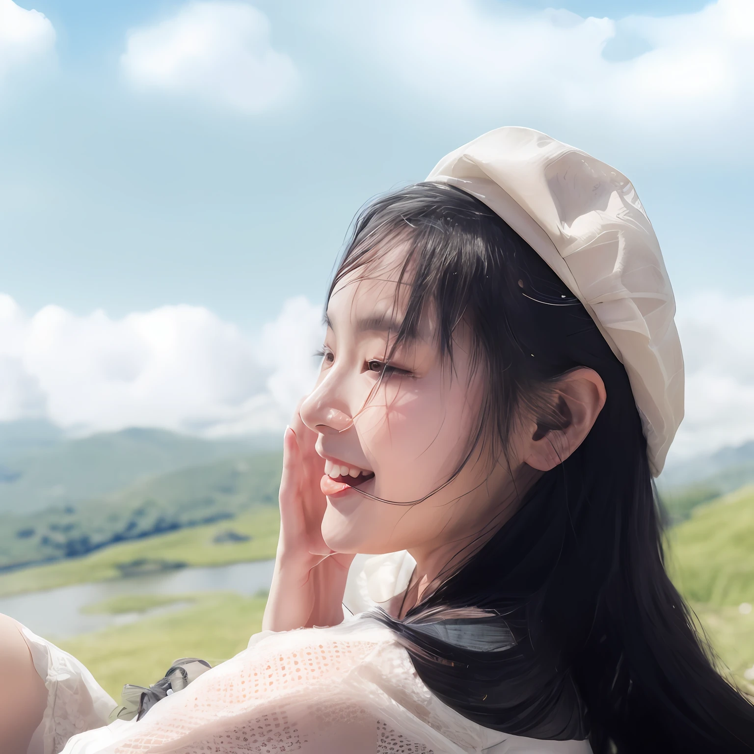 there is a woman that is talking on a cell phone, xintong chen, sitting cutely on a mountain, inspired by Ma Yuanyu, li zixin, heaven in the top, 8k selfie photograph, sha xi, she is in pure bliss, a young asian woman, with clouds in the sky, in mountains, smiling in heaven, on clouds