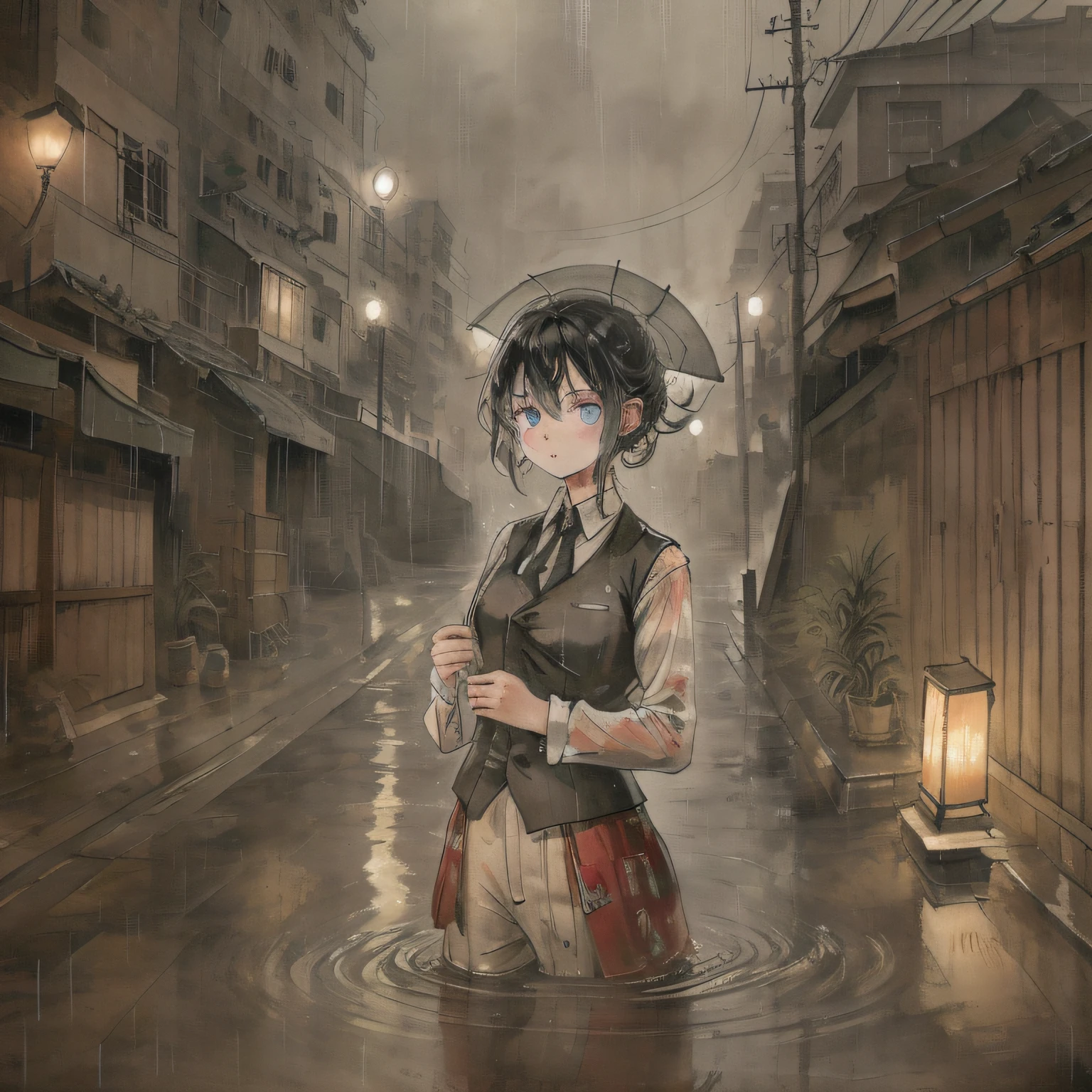 (Kowloon Walled City),(((extremely detailed))),((masterpiece)), (((best quality))), ((ultra-detailed)), ((illustration)),flowing ,Telegraph Pole ,solo,1girl,bnematic lighting,vest,(Delicate face)(rain),(girl hold an umbrella),grey sky,lonely,(city),beautiful detailed eyes, detailed wet clothes, blank stare ,dynamic angle,umbrella,expressionless, wet,alley,swirl