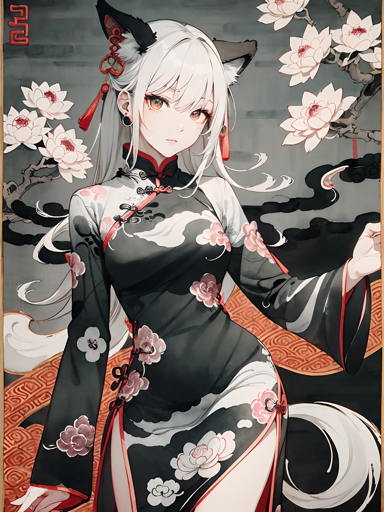 ((8K,masterpiece、top-quality))、((Traditional Chinese Ink Painting:1.4)),lotuses,((qipao dress:1.3)),Dress conservatively ,独奏、white hair、fox ear、blanche,looking at viewert