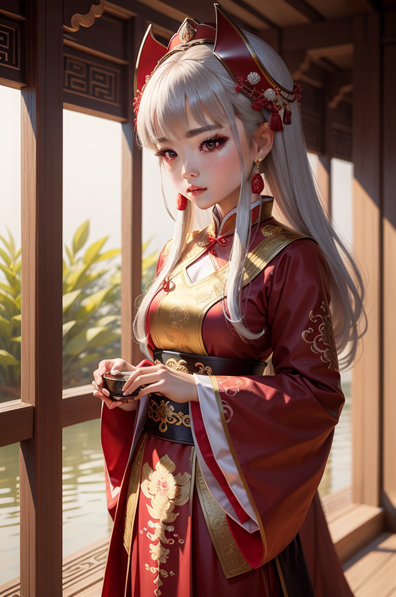 A woman in a red dress holds a close-up of a silver object, Chinese traditional, Chinese woman, traditional makeup, traditional garb, a young woman as genghis khan, Traditional Chinese clothing, Traditional beauty, Traditional clothing, Chinese style, Palace , A girl in Hanfu, Hanfu, Beautiful oriental woman, chinese empress, Chinese costume standing on the grassland