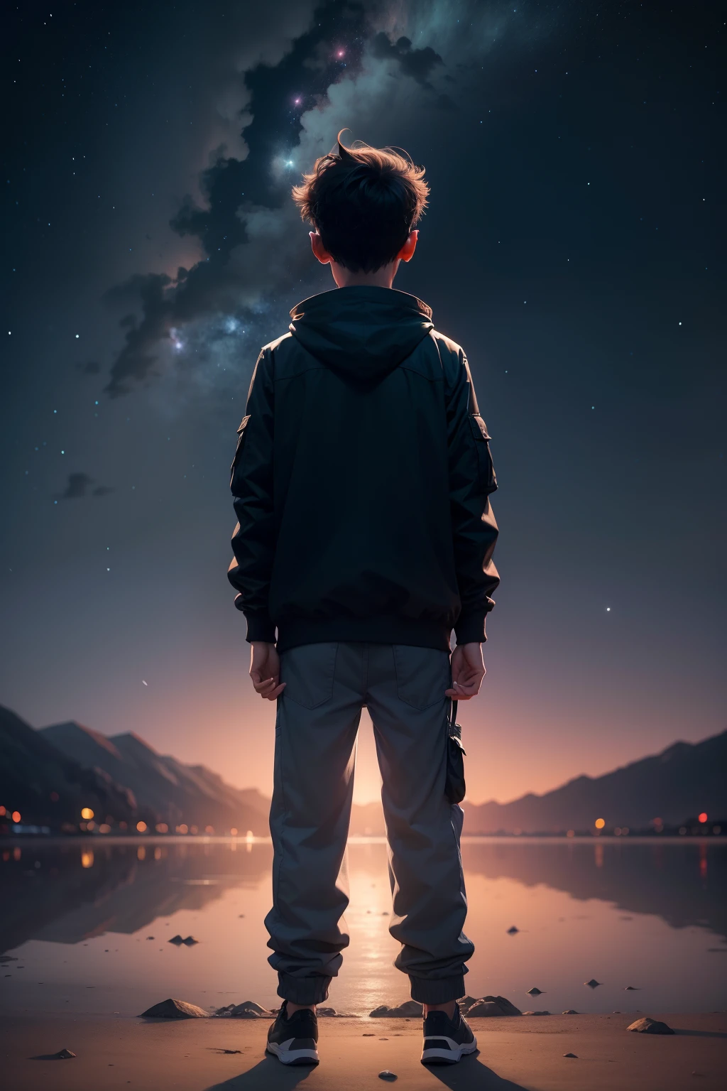 A boy stands in a daze under the night sky