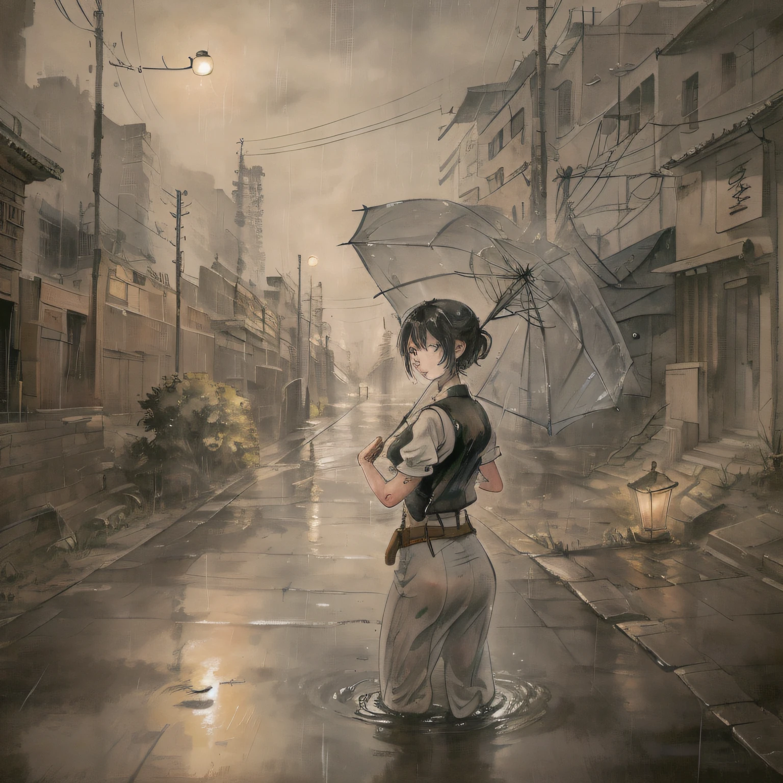 (Kowloon Walled City),(((extremely detailed))),((masterpiece)), (((best quality))), ((ultra-detailed)), ((illustration)),flowing ,Telegraph Pole ,solo,1girl,bnematic lighting,vest,(Delicate face)(rain),(girl hold an umbrella),grey sky,lonely,(city),beautiful detailed eyes, detailed wet clothes, blank stare ,dynamic angle,umbrella,expressionless, wet,alley,swirl
