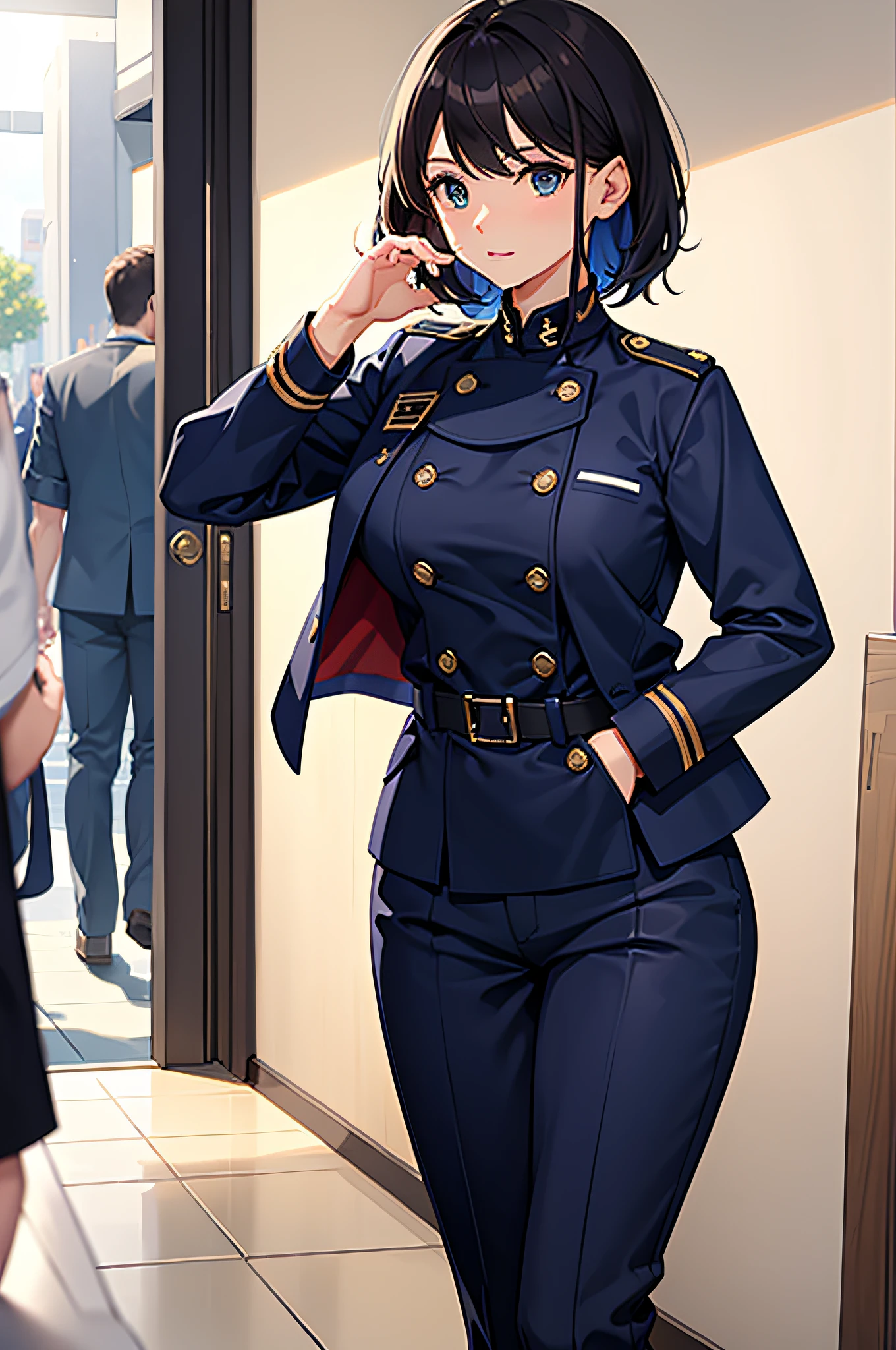 (Perfect body),Best Quality,(8K Portrait),(Official art)、NSFW、 Police Woman、(((muscular)))、(Police Hat)、embarrassed from、:D、One eye is closed、showing teeth、V-shaped eyebrows、(((blush))),(Sweat),((((large udder))))、((Big ass))、(Dark hair),((bob cuts)), blush,Short hair, (Yellow eyes),(((thick thighs)))、((( are protruding)))、(Navy blue jacket)、Light blue blouse、Black mini skirt、a pale pink panty、(Right-handed salute)、(left hand on waist)、In the street